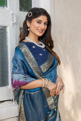 ADHIRA-Royal Steel Blue Floral Printed Saree with Rich Silver Zari Border and Elegant Traditional Silk Designer Drape