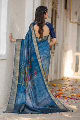 ADHIRA-Royal Steel Blue Floral Printed Saree with Rich Silver Zari Border and Elegant Traditional Silk Designer Drape