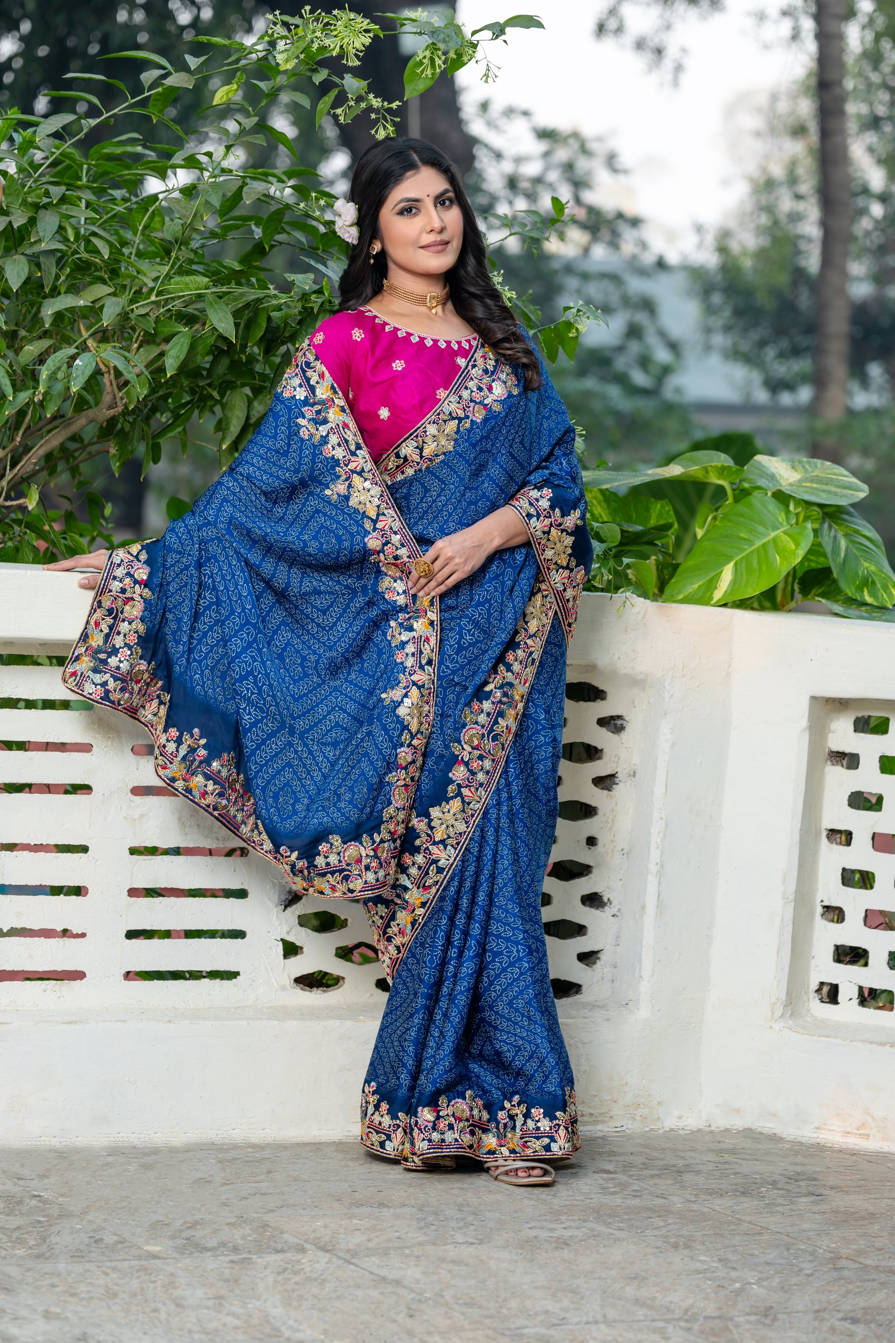 Ambika Saree – Traditional Bandhani Print, Embroidered Border & C-Pallu with Contrast Blouse (Unstitched) – Sartin Georgette