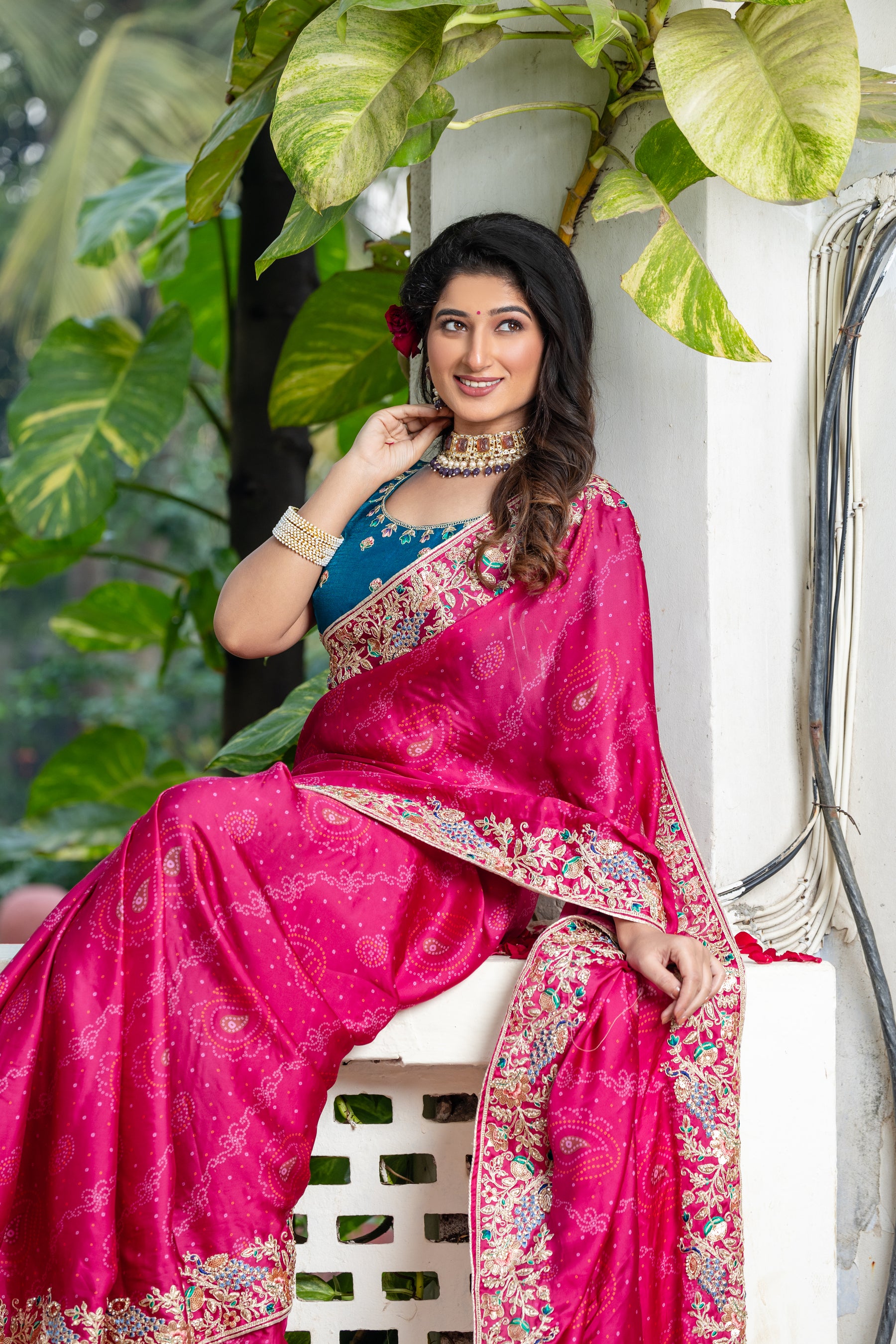 Ambika Saree – Traditional Bandhani Print, Embroidered Border & C-Pallu with Contrast Blouse (Unstitched) – Sartin Georgette