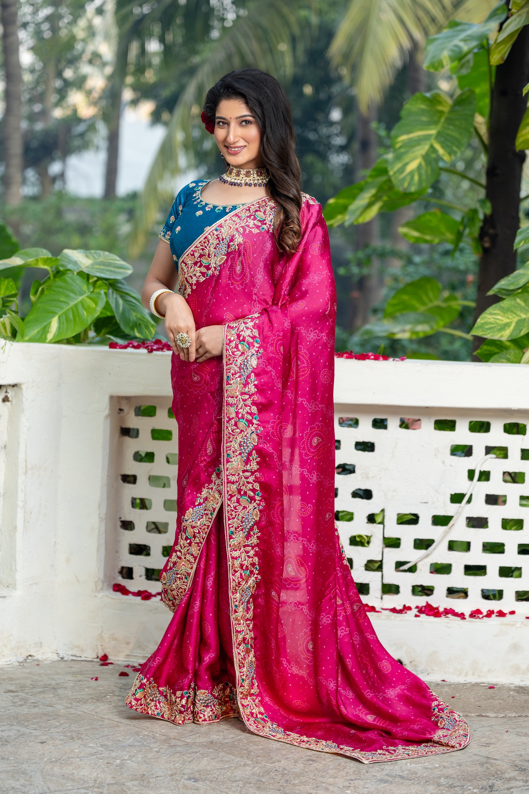 Ambika Saree – Traditional Bandhani Print, Embroidered Border & C-Pallu with Contrast Blouse (Unstitched) – Sartin Georgette