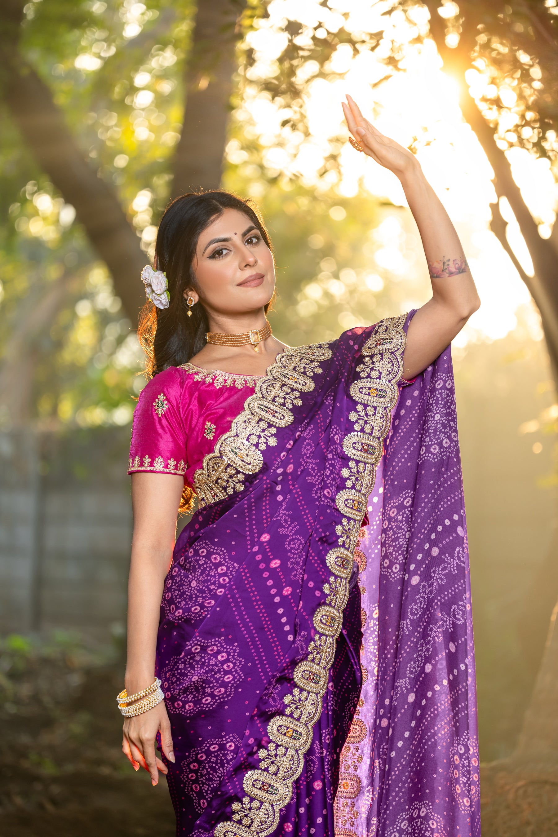 Ambika Saree – Traditional Bandhani Print, Embroidered Border & C-Pallu with Contrast Blouse (Unstitched) – Sartin Georgette
