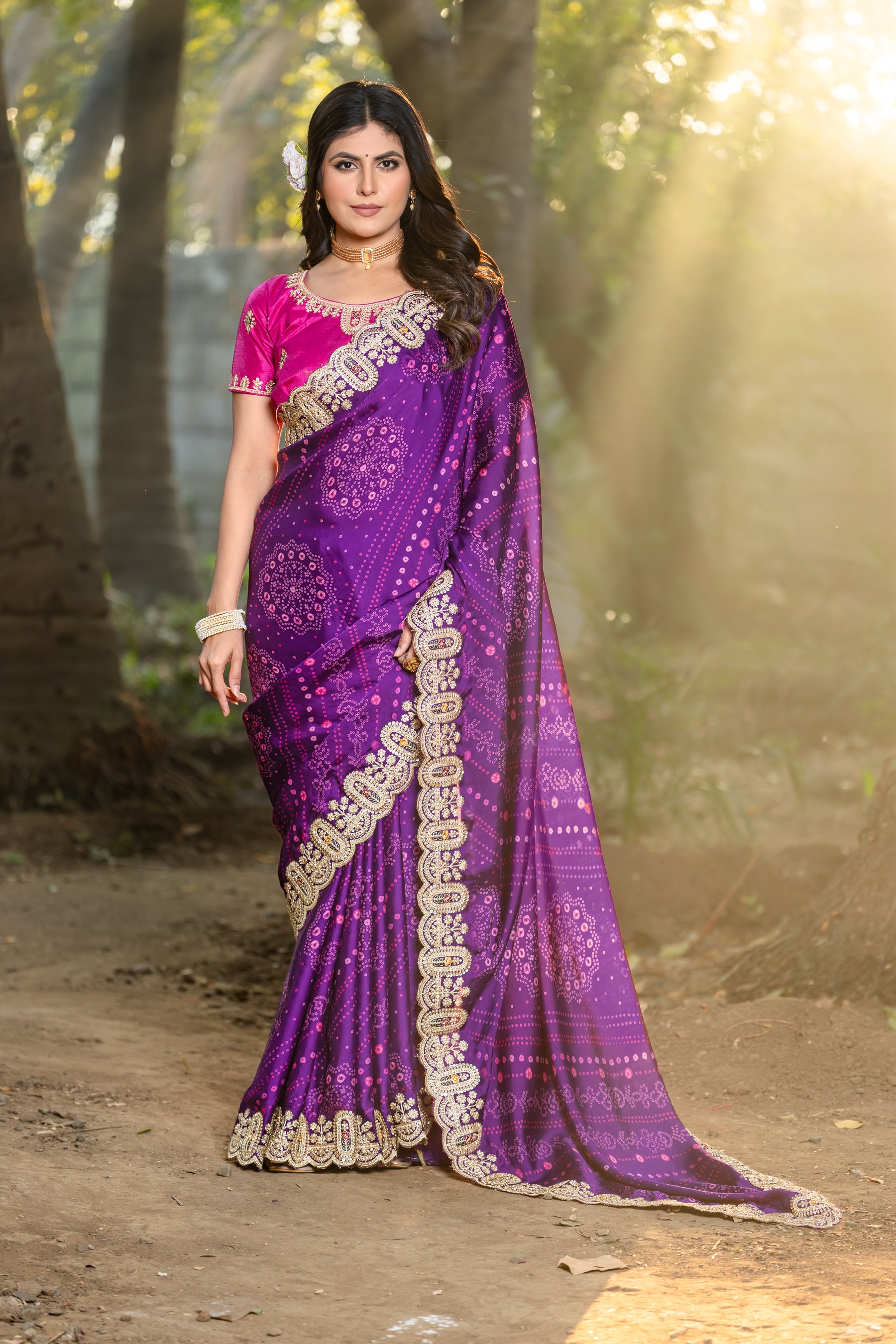 Ambika Saree – Traditional Bandhani Print, Embroidered Border & C-Pallu with Contrast Blouse (Unstitched) – Sartin Georgette