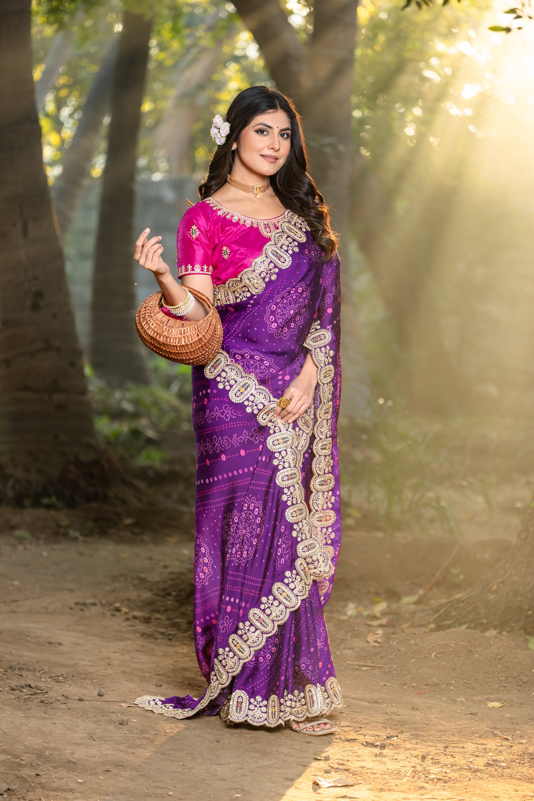 Ambika Saree – Traditional Bandhani Print, Embroidered Border & C-Pallu with Contrast Blouse (Unstitched) – Sartin Georgette