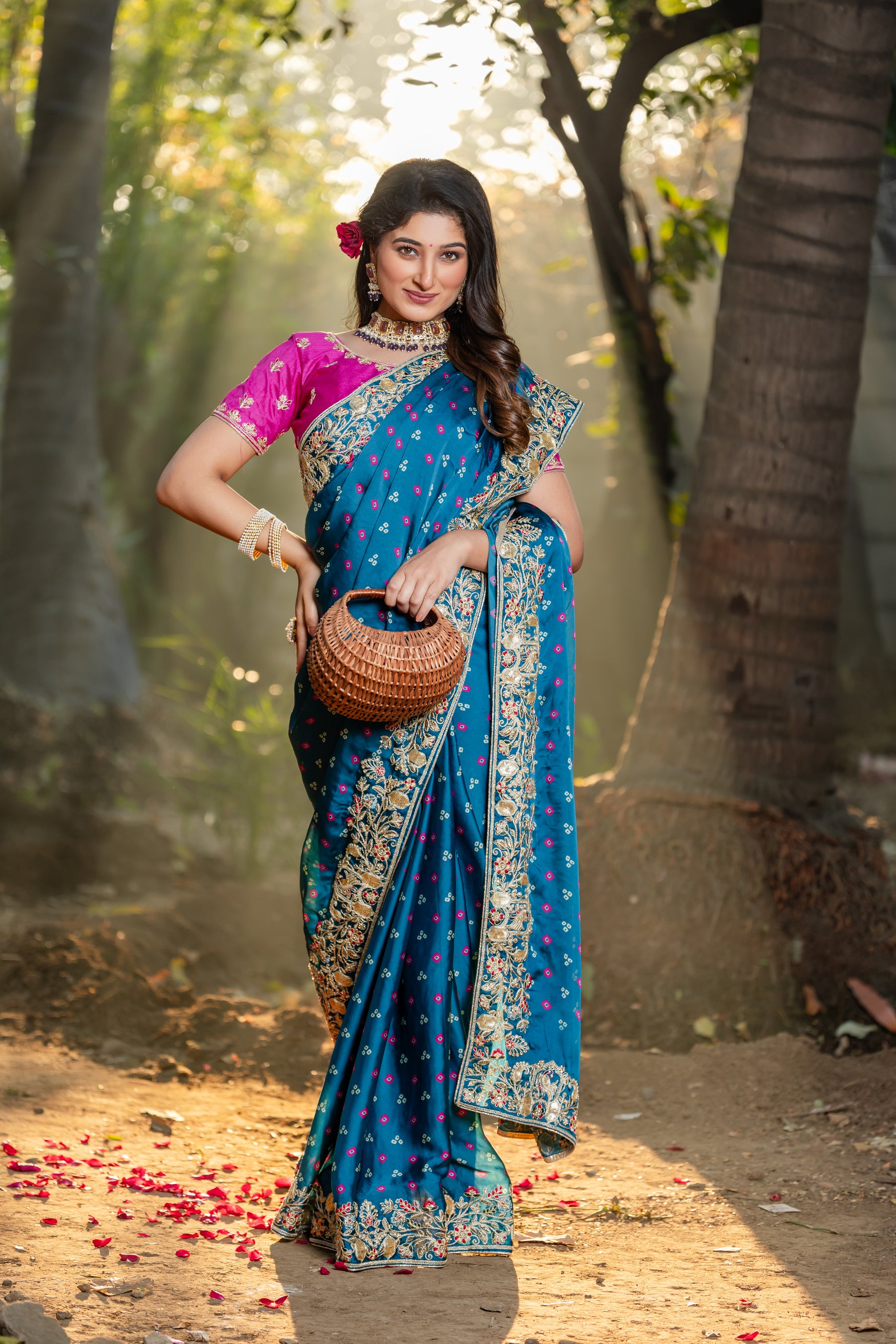 Ambika Saree – Traditional Bandhani Print, Embroidered Border & C-Pallu with Contrast Blouse (Unstitched) – Sartin Georgette