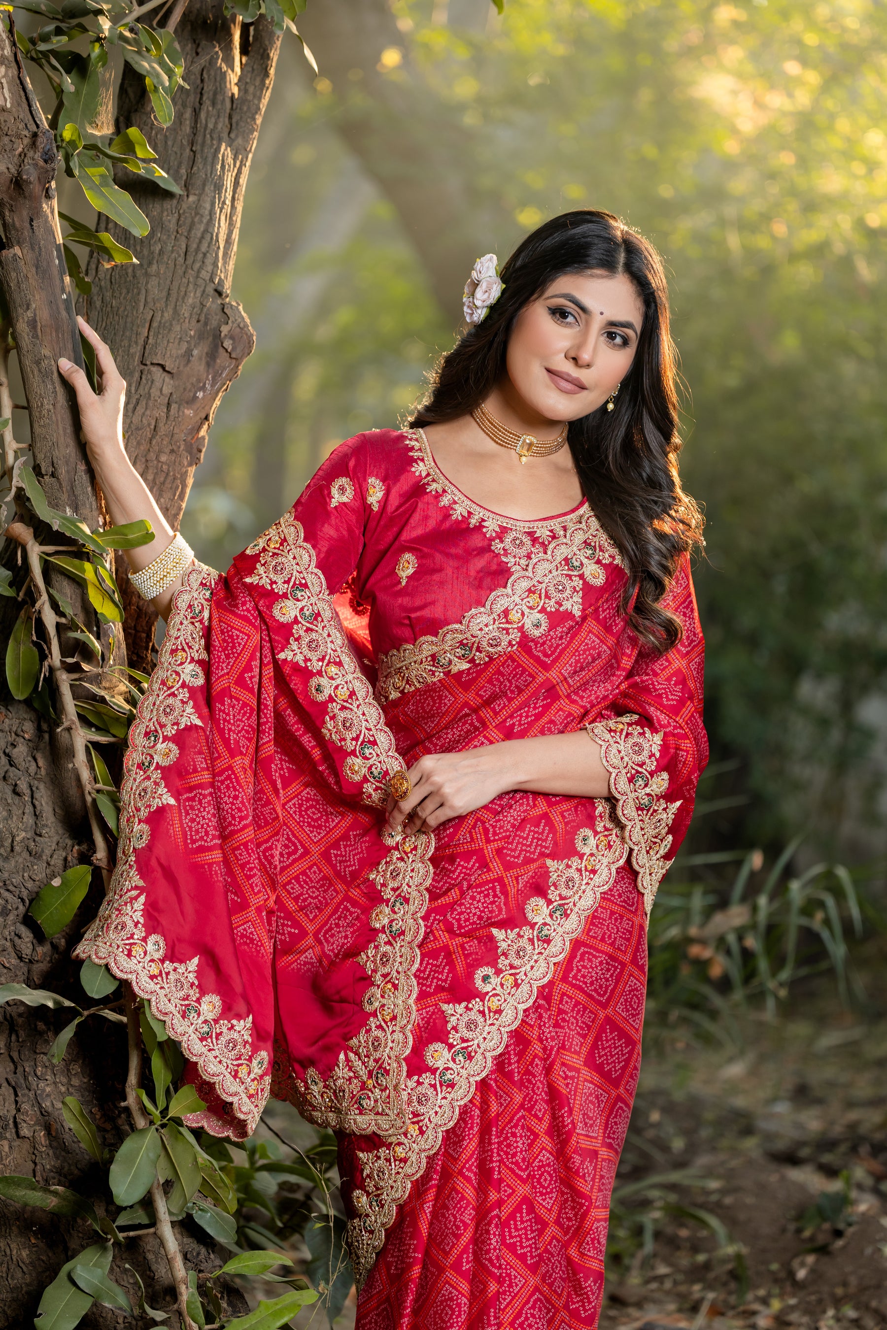 Ambika Saree – Traditional Bandhani Print, Embroidered Border & C-Pallu with Contrast Blouse (Unstitched) – Sartin Georgette