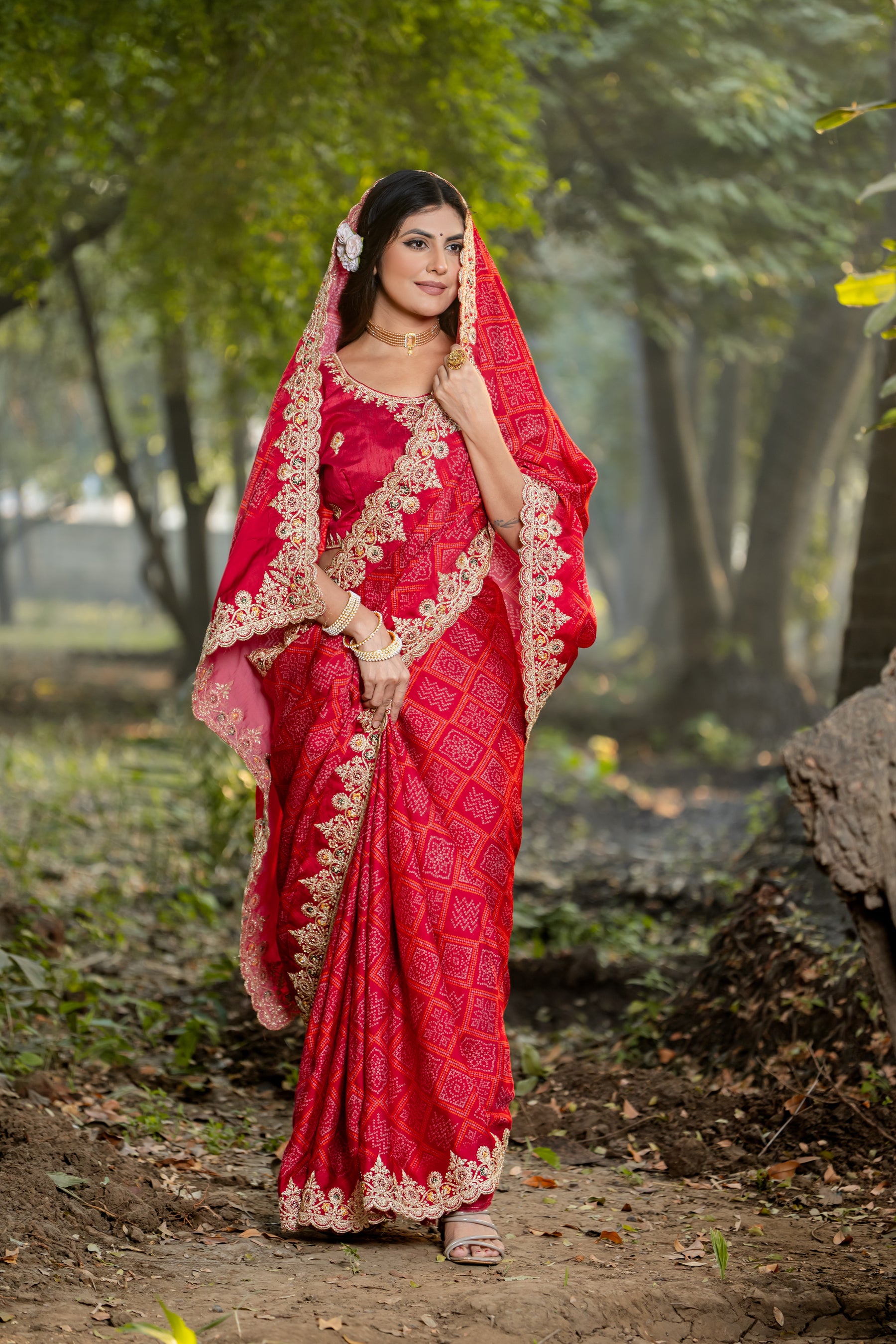 Ambika Saree – Traditional Bandhani Print, Embroidered Border & C-Pallu with Contrast Blouse (Unstitched) – Sartin Georgette