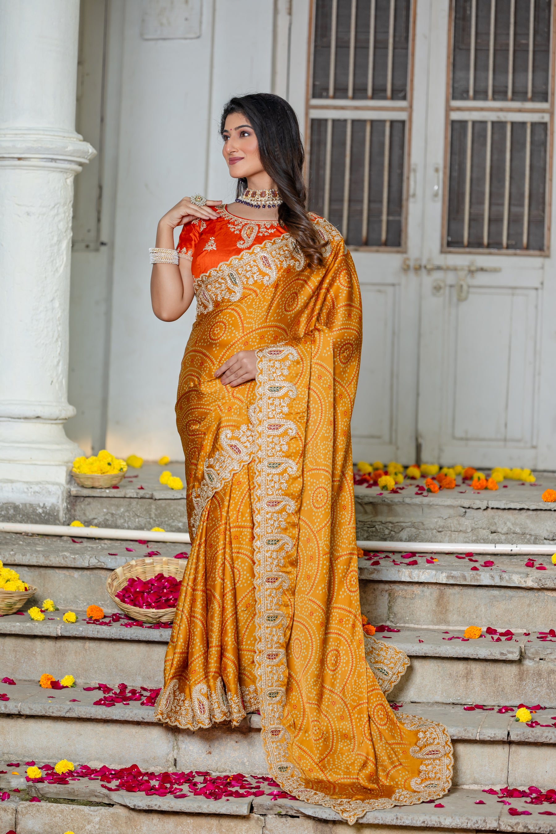 Ambika Saree – Traditional Bandhani Print, Embroidered Border & C-Pallu with Contrast Blouse (Unstitched) – Sartin Georgette
