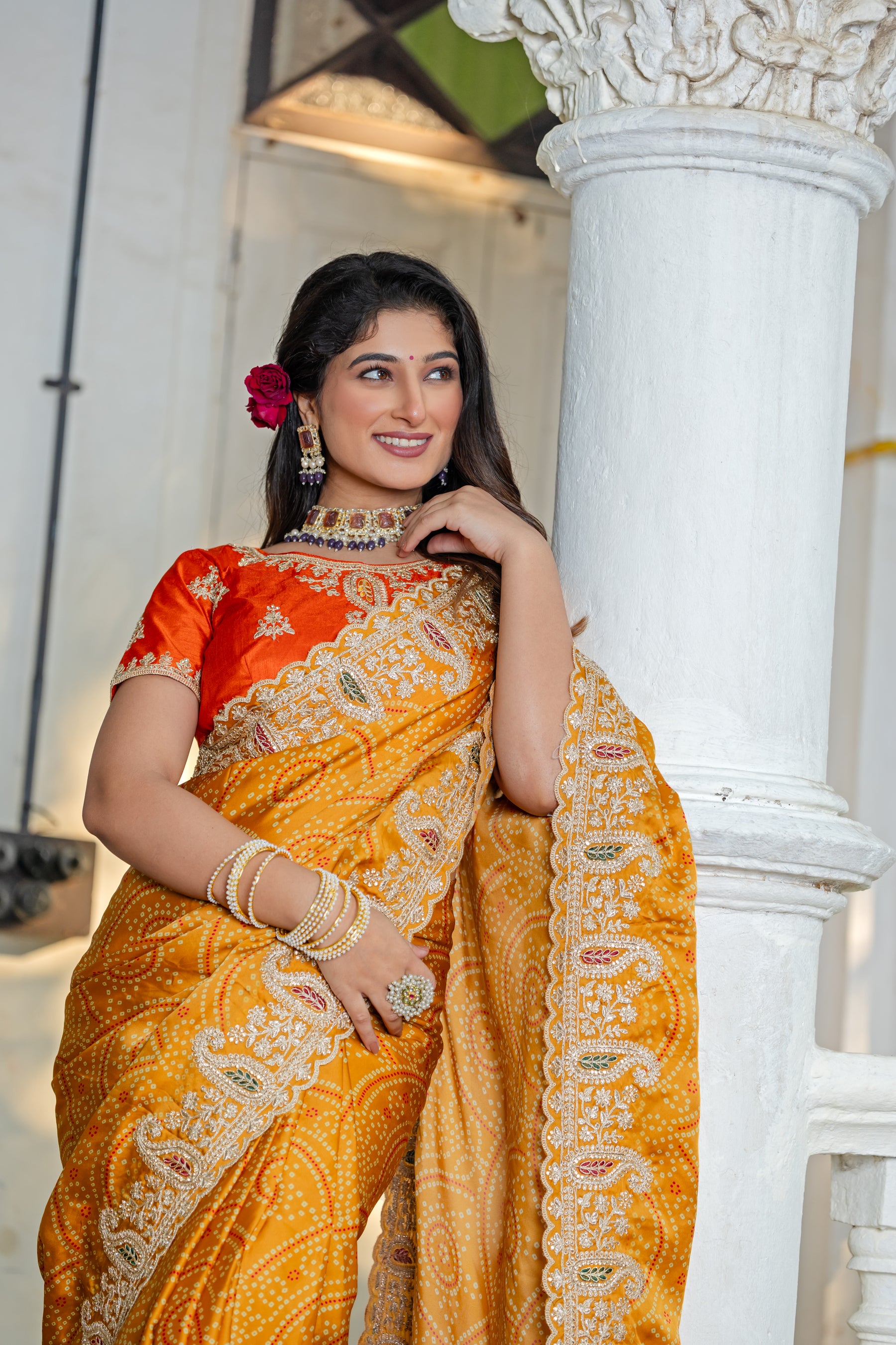 Ambika Saree – Traditional Bandhani Print, Embroidered Border & C-Pallu with Contrast Blouse (Unstitched) – Sartin Georgette