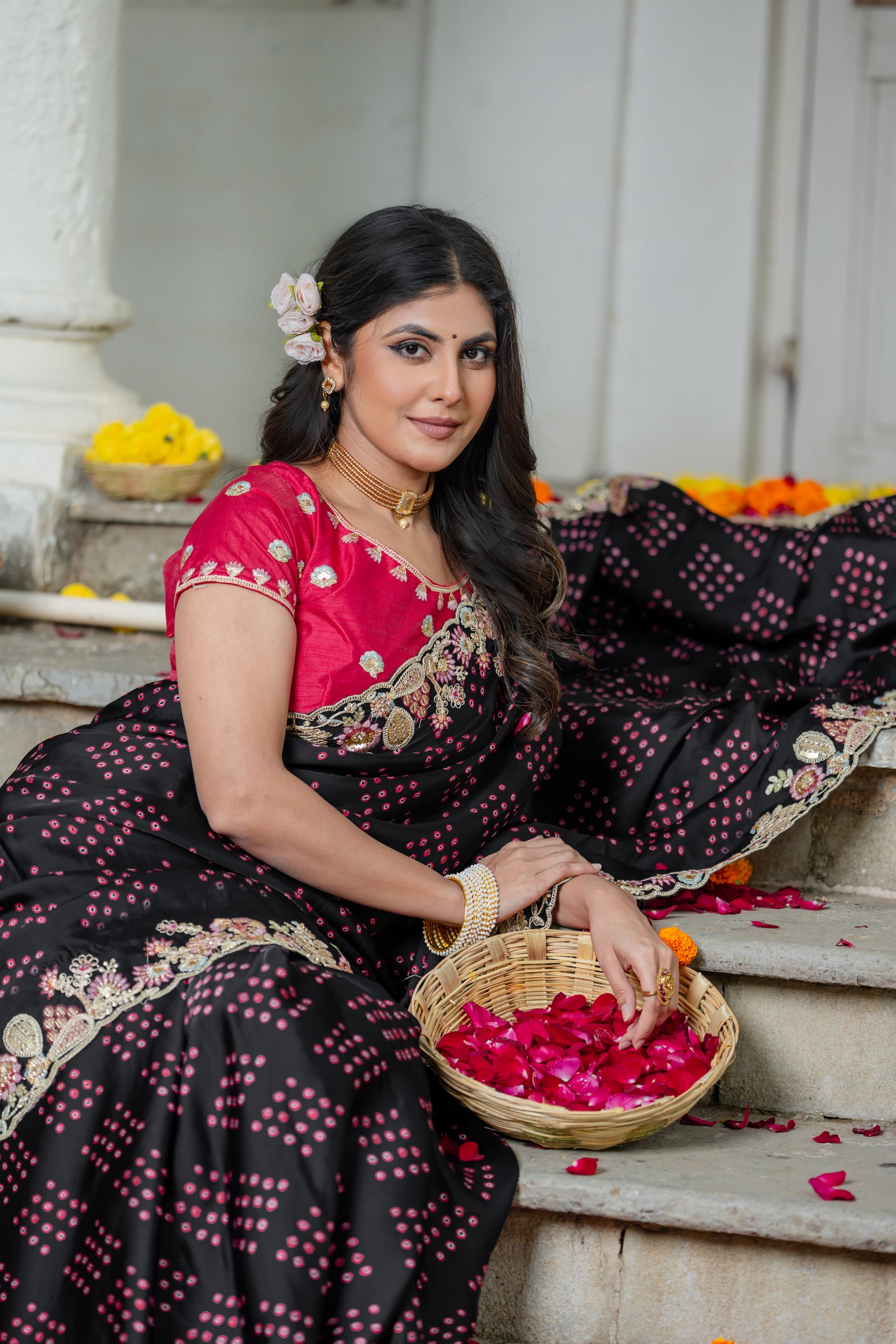 Ambika Saree – Traditional Bandhani Print, Embroidered Border & C-Pallu with Contrast Blouse (Unstitched) – Sartin Georgette