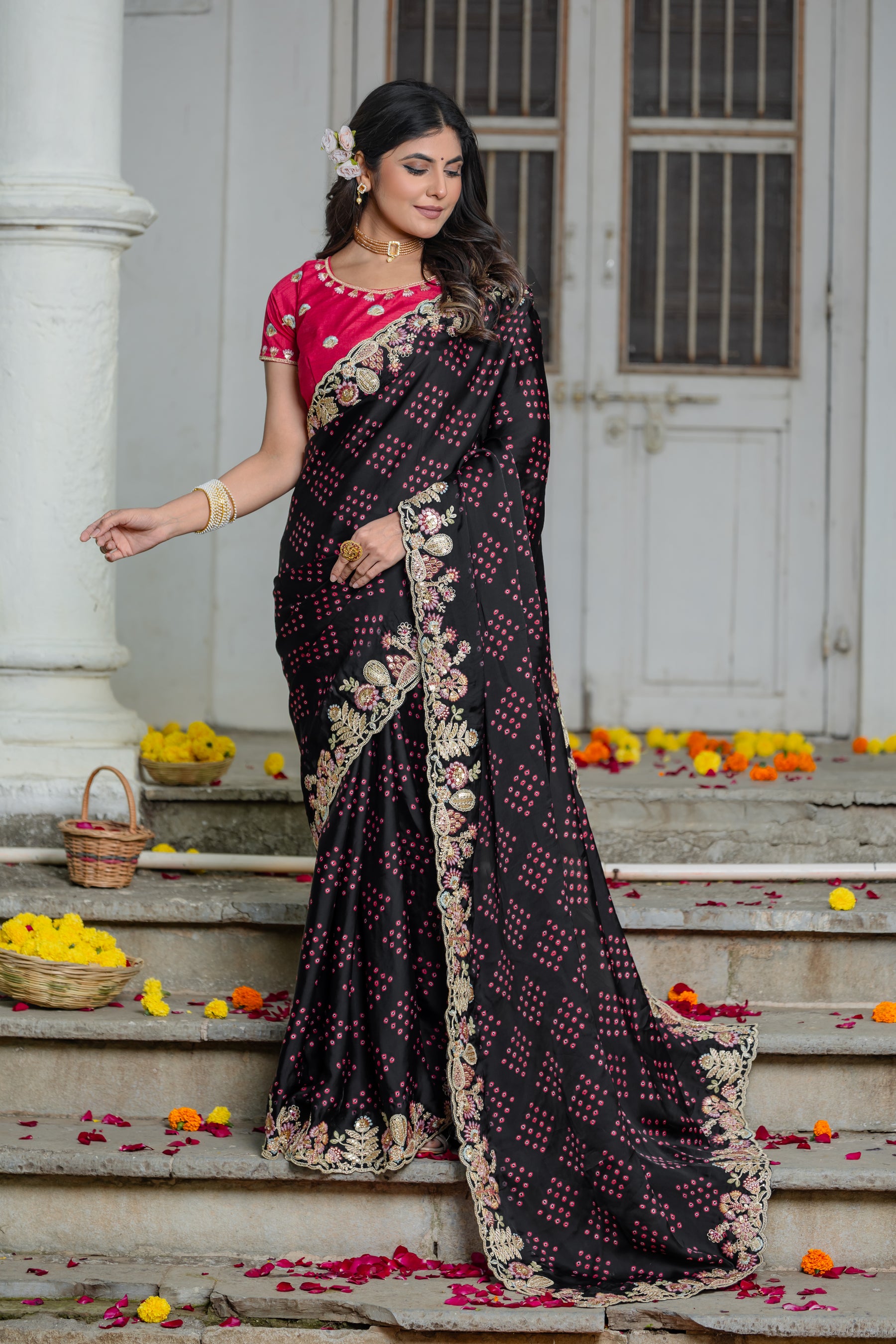 Ambika Saree – Traditional Bandhani Print, Embroidered Border & C-Pallu with Contrast Blouse (Unstitched) – Sartin Georgette