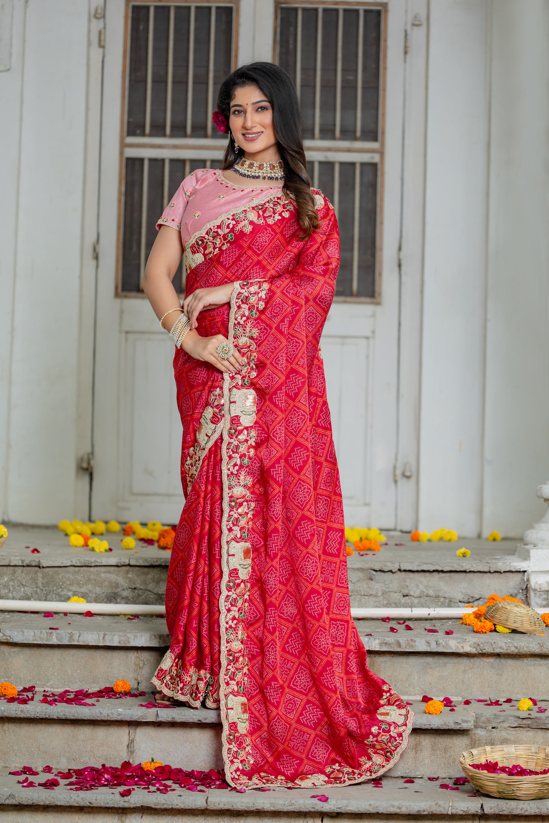 Ambika Saree – Traditional Bandhani Print, Embroidered Border & C-Pallu with Contrast Blouse (Unstitched) – Sartin Georgette