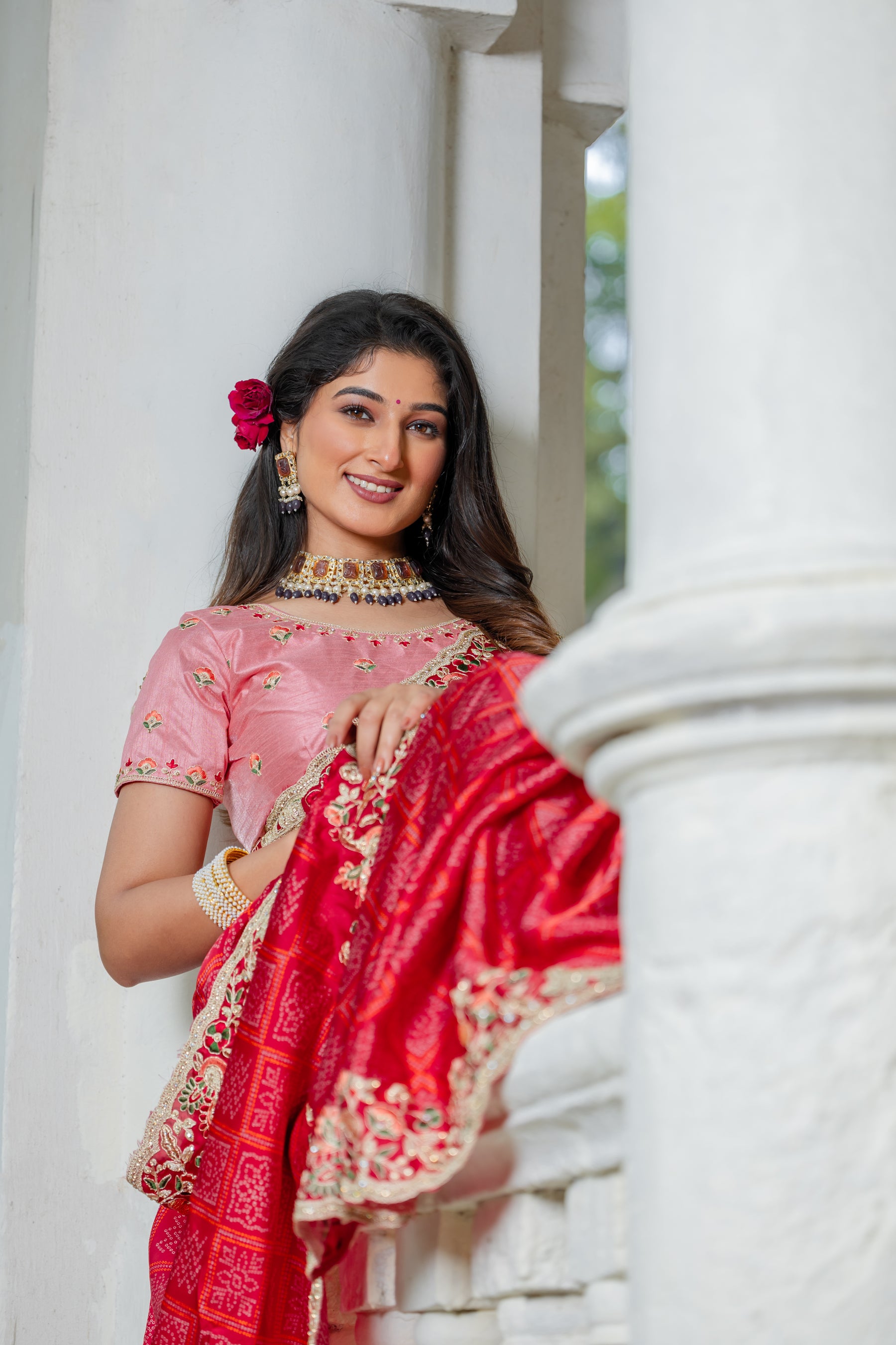 Ambika Saree – Traditional Bandhani Print, Embroidered Border & C-Pallu with Contrast Blouse (Unstitched) – Sartin Georgette