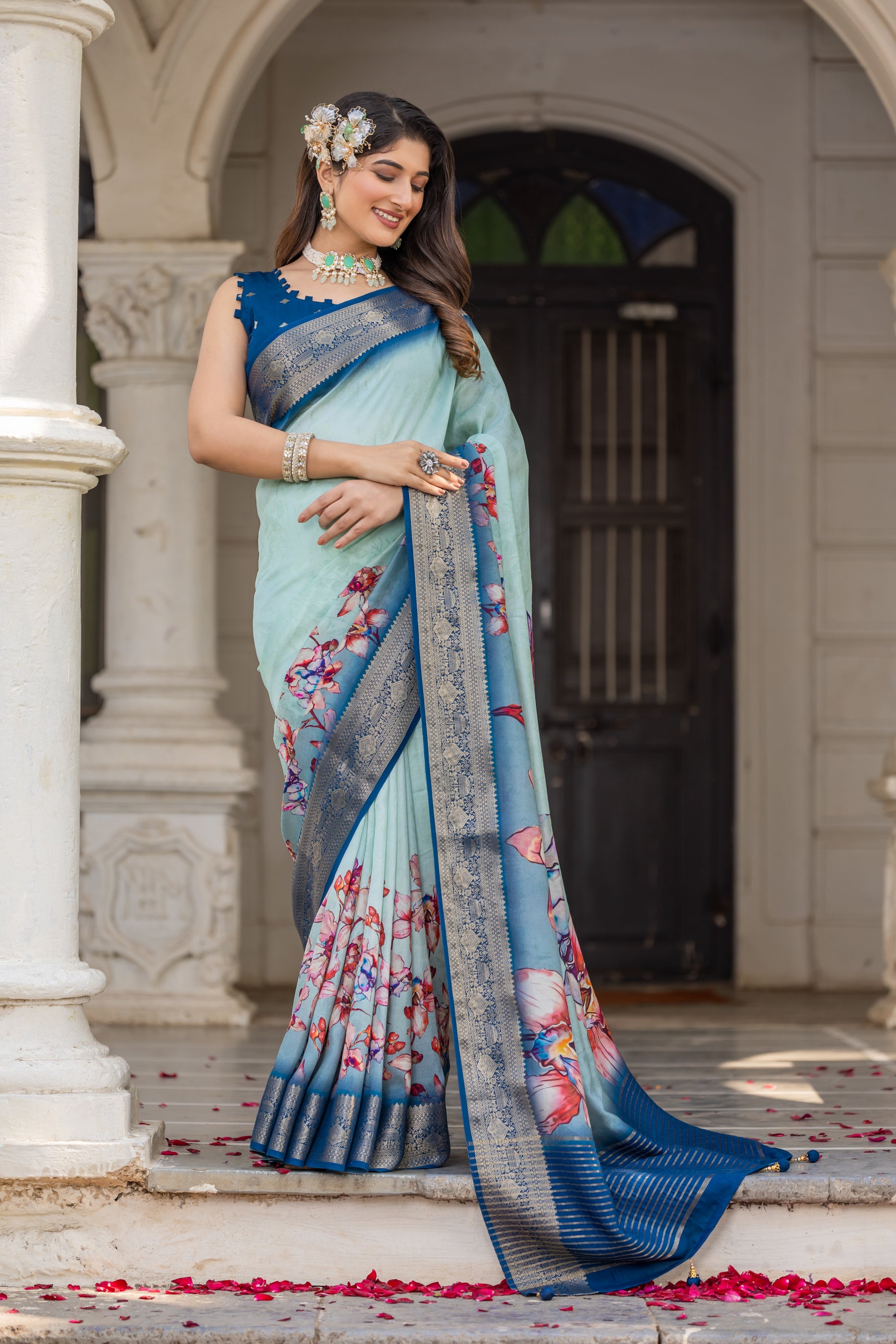 ADHIRA-Elegant Sky Blue Floral Printed Saree with Rich Silver Zari Border and Luxurious Silk Designer Traditional Drape