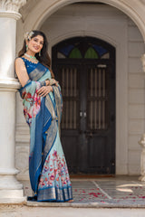 ADHIRA-Elegant Sky Blue Floral Printed Saree with Rich Silver Zari Border and Luxurious Silk Designer Traditional Drape