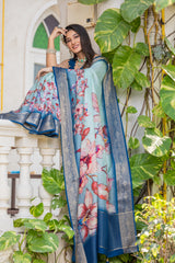ADHIRA-Elegant Sky Blue Floral Printed Saree with Rich Silver Zari Border and Luxurious Silk Designer Traditional Drape
