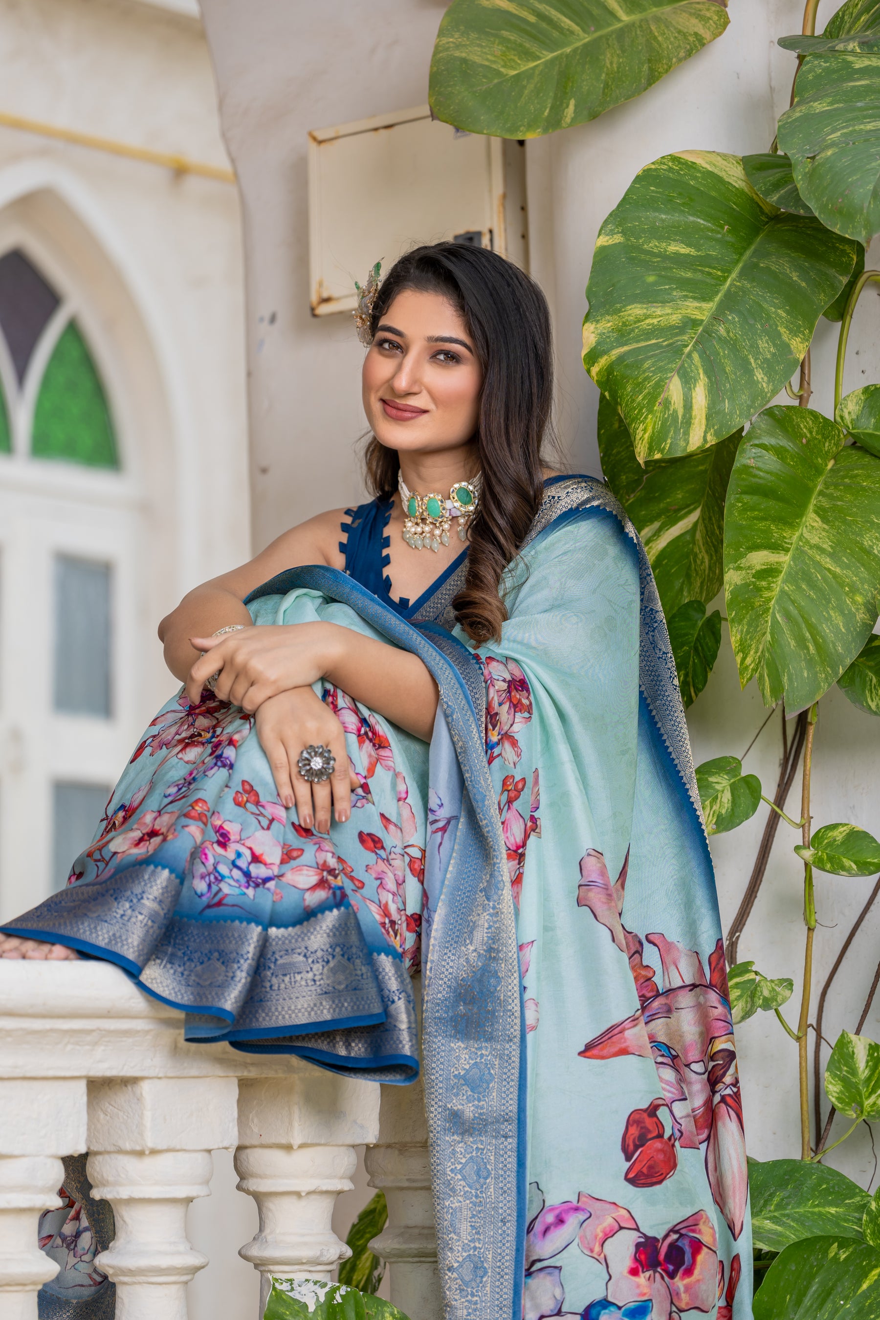 ADHIRA-Elegant Sky Blue Floral Printed Saree with Rich Silver Zari Border and Luxurious Silk Designer Traditional Drape
