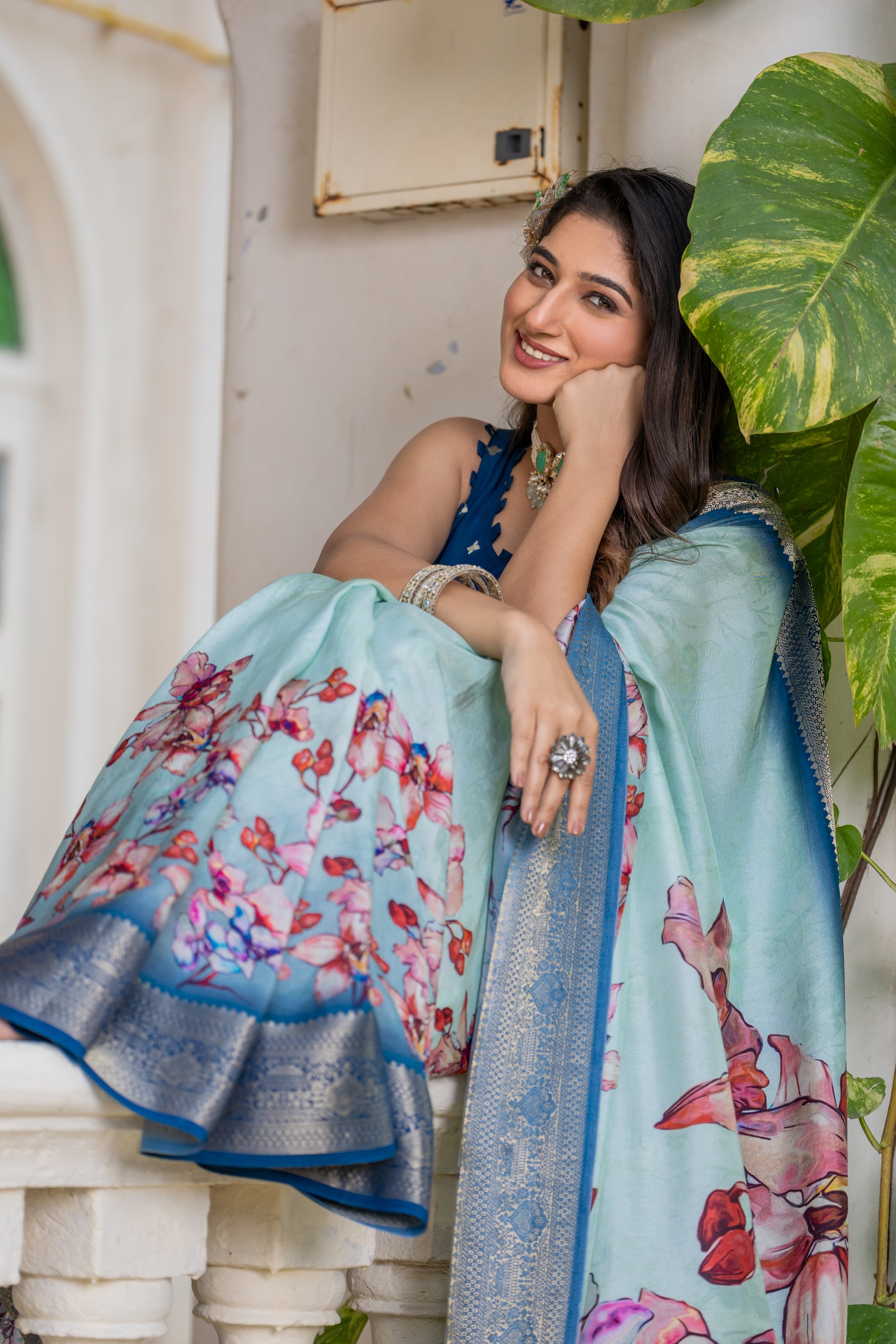ADHIRA-Elegant Sky Blue Floral Printed Saree with Rich Silver Zari Border and Luxurious Silk Designer Traditional Drape