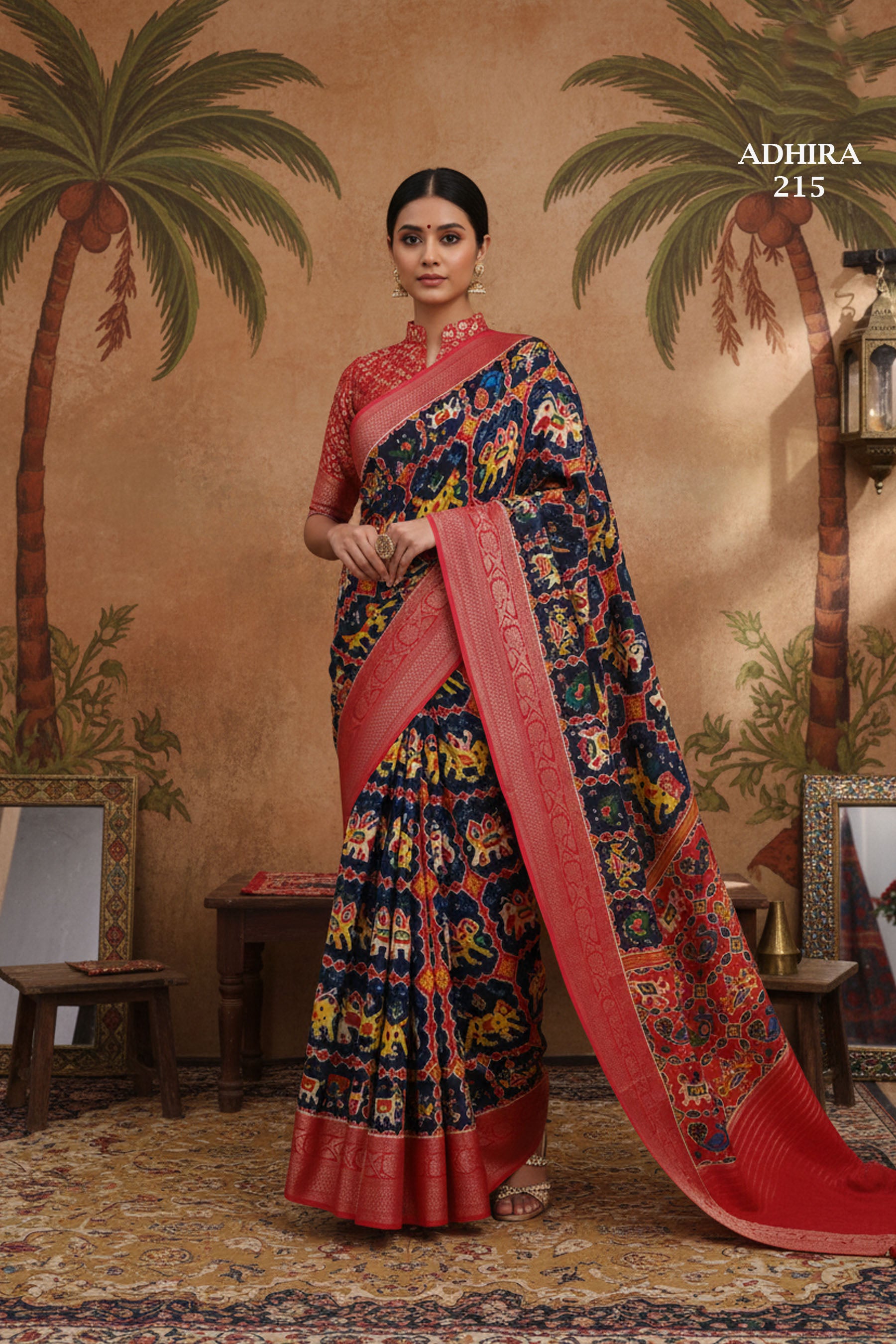 ADHIRA-Elegant Navy Blue Patola Printed Silk Saree with Rich Red Zari Border & Traditional Multicolor Ethnic Motifs – Designer Festive Wear Saree for Women with Artistic Pallu
