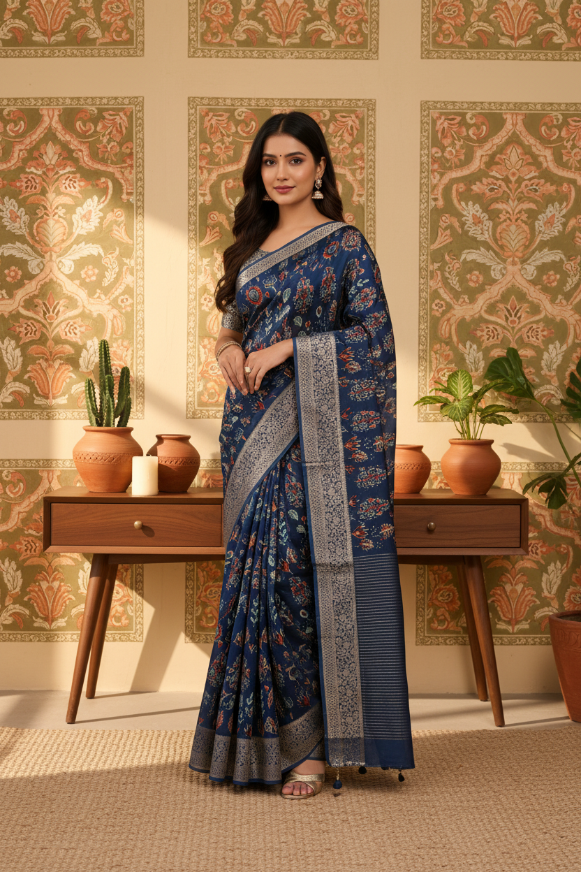 ADHIRA-Elegant Navy Blue Floral Printed Silk Saree with Silver Zari Border & Intricate Ethnic Motifs – Designer Traditional Festive Wear Saree for Women with Rich Woven Pallu and Tassel Detailing