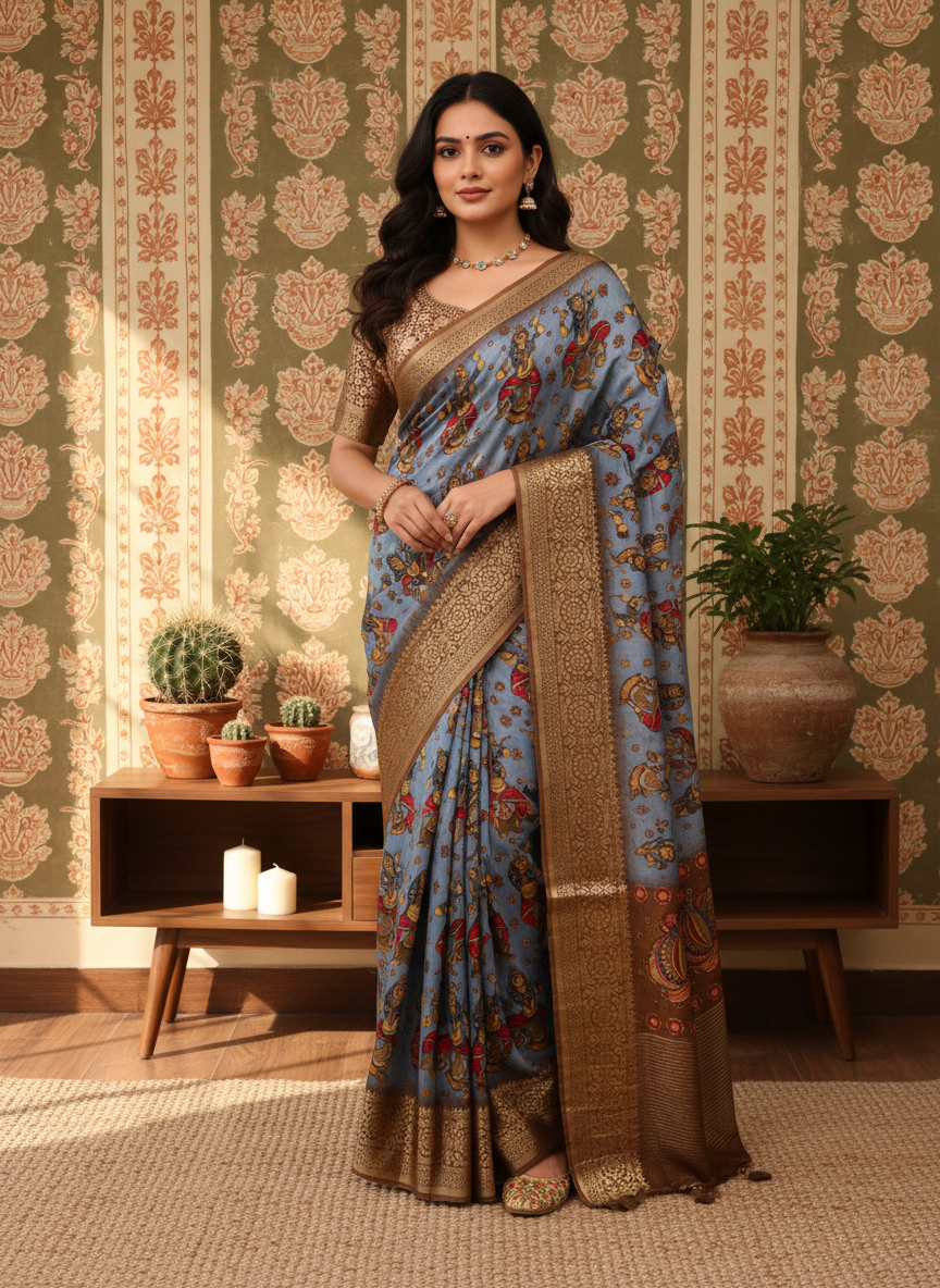ADHIRA-Elegant Sky Blue Artistic Printed Silk Saree with Rich Antique Gold Zari Border – Designer Festive Wear Ethnic Saree for Women with Traditional Folk Motifs, Intricate Woven Pallu & Heritage-Inspired Detailing