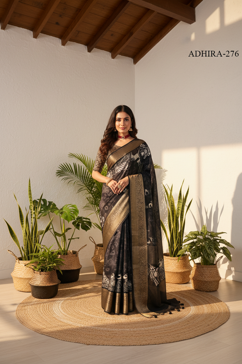 ADHIRA-Elegant Black Ethnic Designer Saree with Antique Gold Zari Border and Traditional Tribal Inspired Print Work