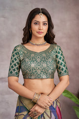 ADHIRA-Elegant Multicolor Abstract Printed Saree with Rich Olive Green Zari Border and Designer Blouse for Festive & Wedding Wear