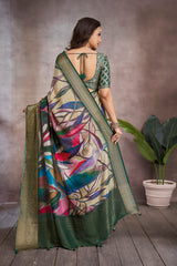 ADHIRA-Elegant Multicolor Abstract Printed Saree with Rich Olive Green Zari Border and Designer Blouse for Festive & Wedding Wear