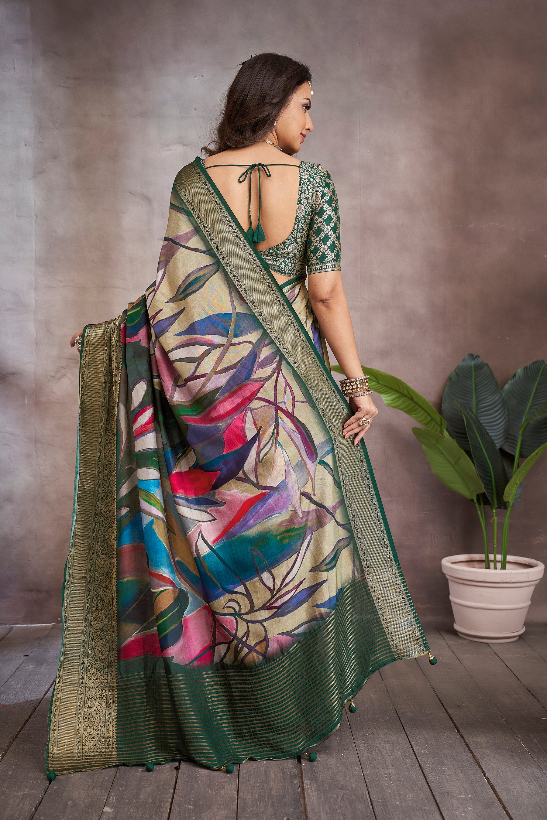 ADHIRA-Elegant Multicolor Abstract Printed Saree with Rich Olive Green Zari Border and Designer Blouse for Festive & Wedding Wear