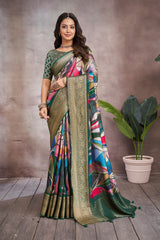 ADHIRA-Elegant Multicolor Abstract Printed Saree with Rich Olive Green Zari Border and Designer Blouse for Festive & Wedding Wear