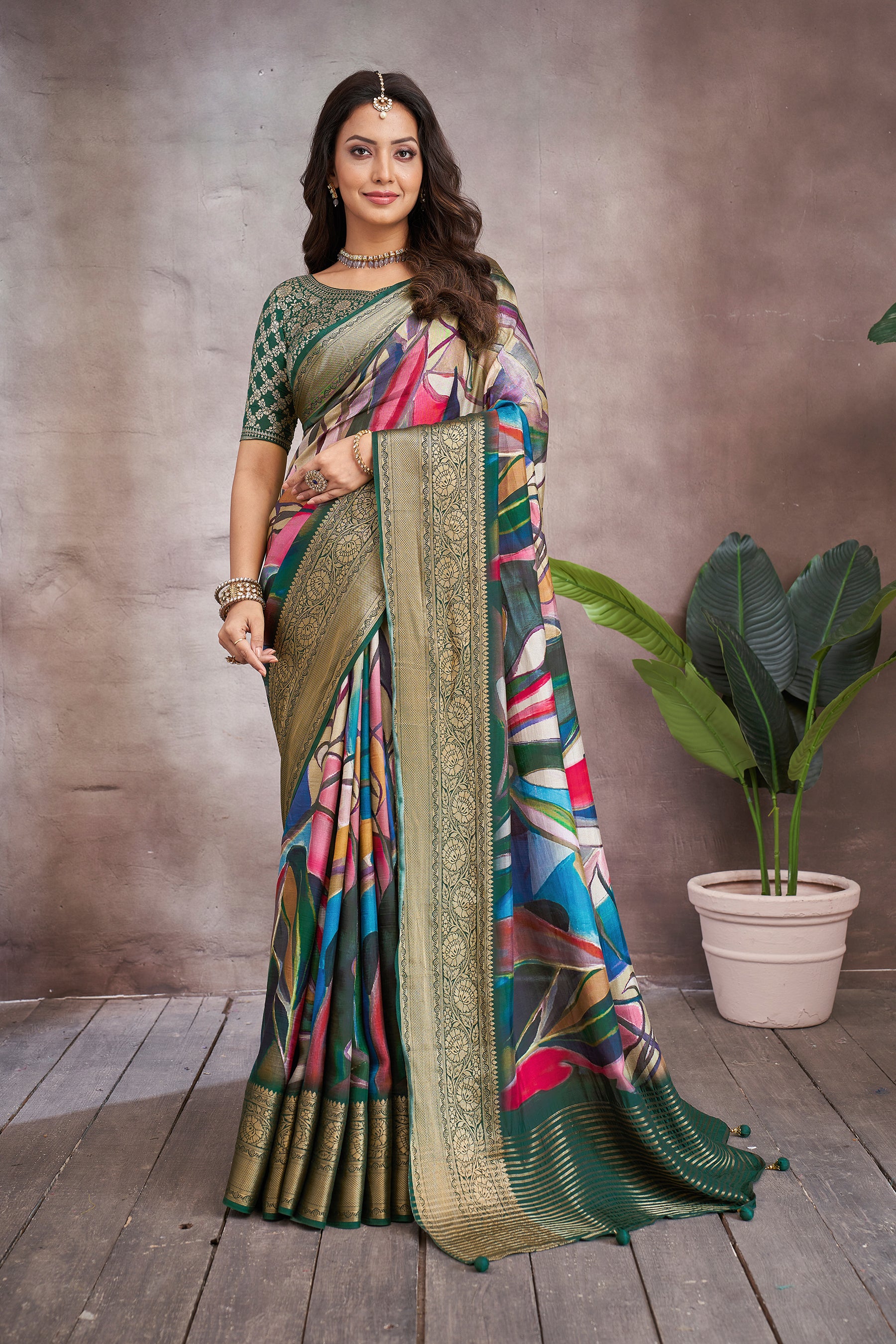 ADHIRA-Elegant Multicolor Abstract Printed Saree with Rich Olive Green Zari Border and Designer Blouse for Festive & Wedding Wear