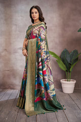 ADHIRA-Elegant Multicolor Abstract Printed Saree with Rich Olive Green Zari Border and Designer Blouse for Festive & Wedding Wear