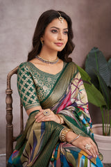 ADHIRA-Elegant Multicolor Abstract Printed Saree with Rich Olive Green Zari Border and Designer Blouse for Festive & Wedding Wear