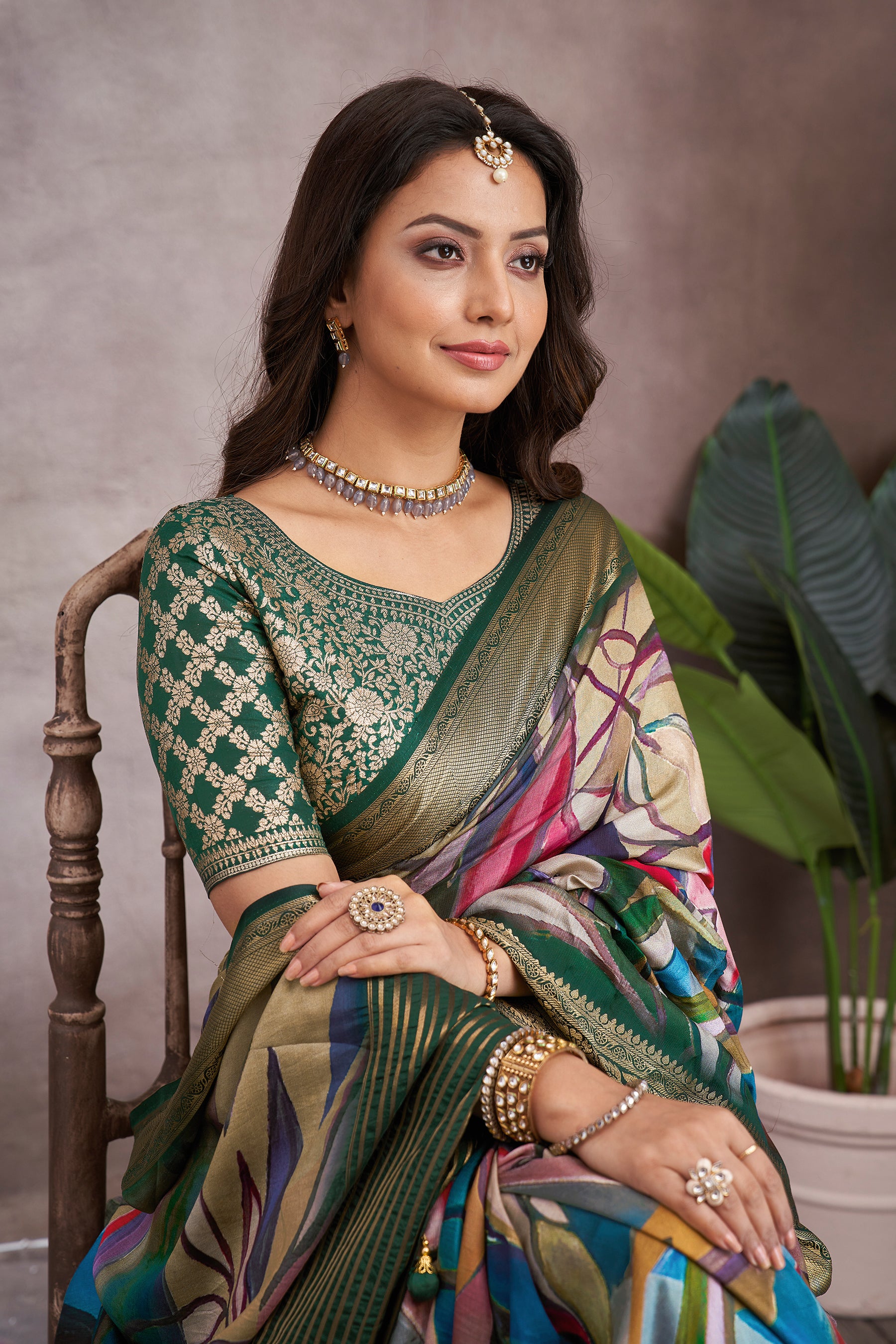 ADHIRA-Elegant Multicolor Abstract Printed Saree with Rich Olive Green Zari Border and Designer Blouse for Festive & Wedding Wear