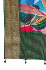ADHIRA-Elegant Multicolor Abstract Printed Saree with Rich Olive Green Zari Border and Designer Blouse for Festive & Wedding Wear