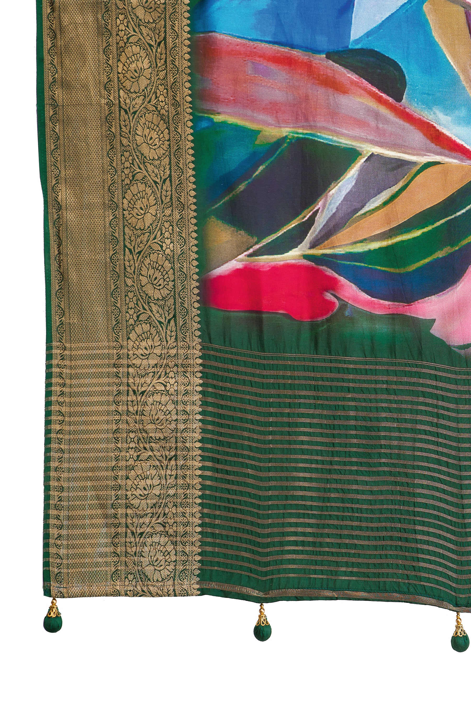 ADHIRA-Elegant Multicolor Abstract Printed Saree with Rich Olive Green Zari Border and Designer Blouse for Festive & Wedding Wear