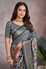 ADHIRA-Elegant Steel Blue Scenic Printed Saree with Antique Gold Zari Border and Designer Black Woven Blouse for Festive & Ethnic Wear