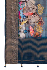 ADHIRA-Elegant Steel Blue Scenic Printed Saree with Antique Gold Zari Border and Designer Black Woven Blouse for Festive & Ethnic Wear