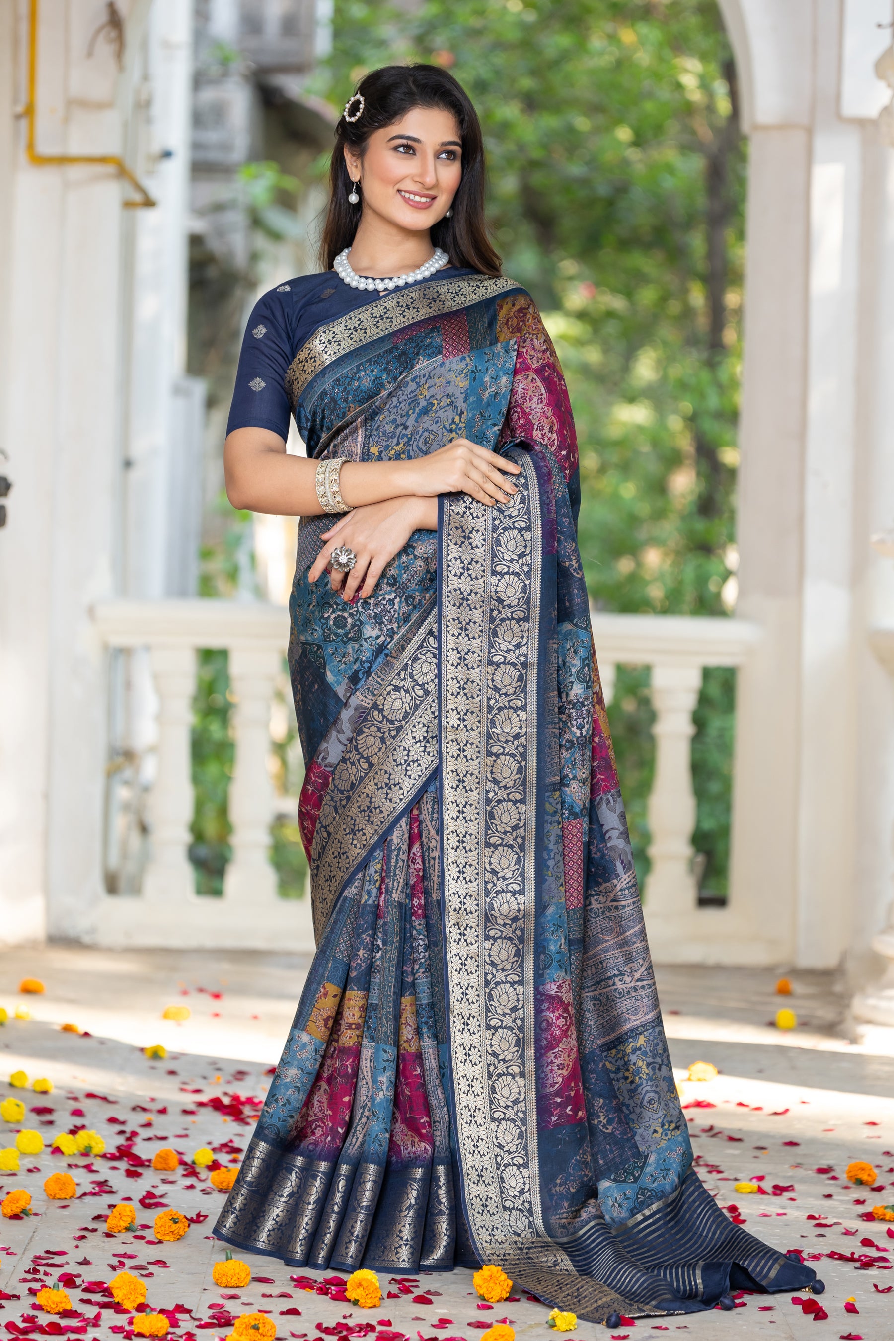 ADHIRA-Royal Navy Blue Banarasi Silk Saree with Intricate Zari Woven Border and Multicolor Artistic Traditional Digital Print Design