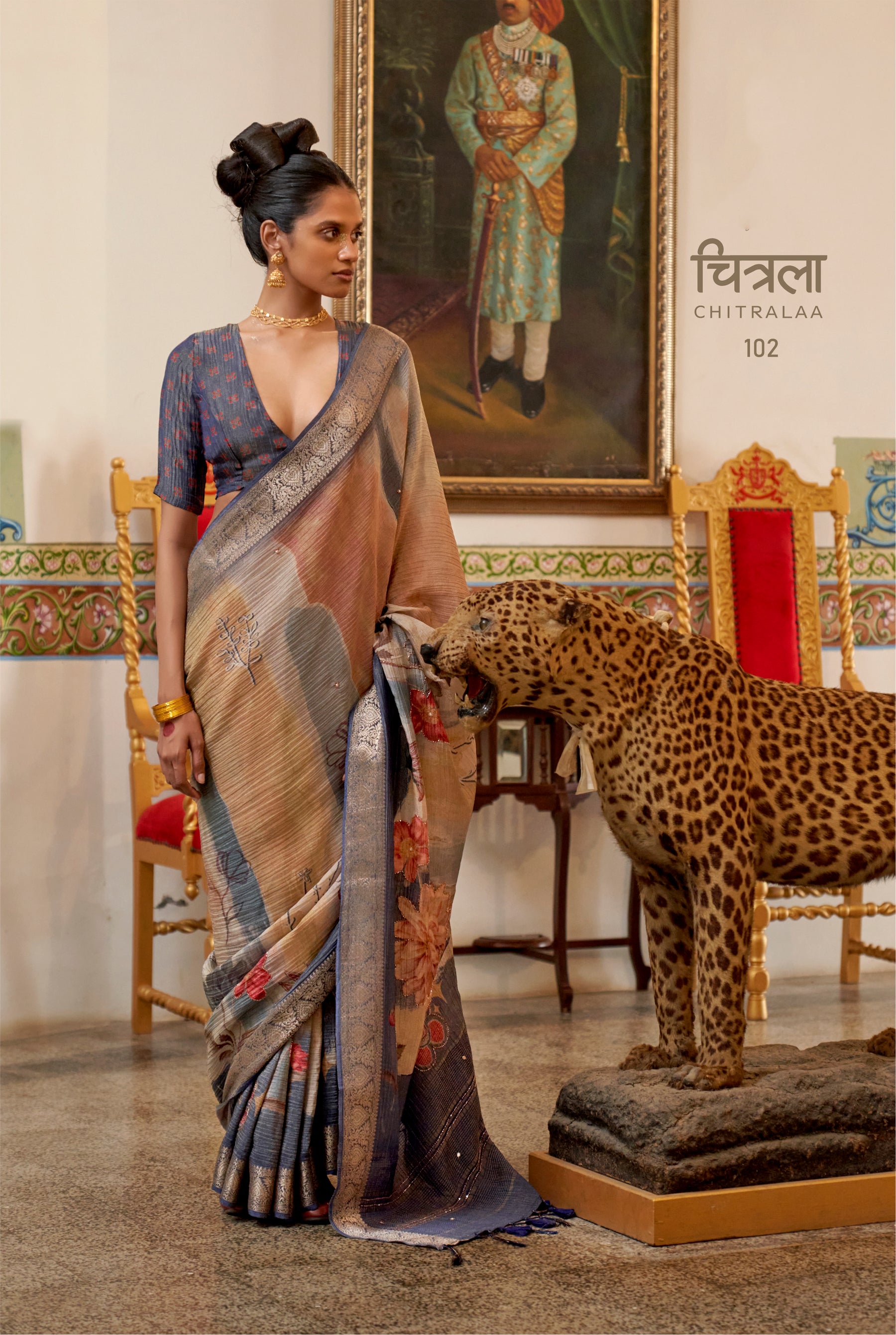 CHITRALAA -Royal Mist Floral Linen Saree