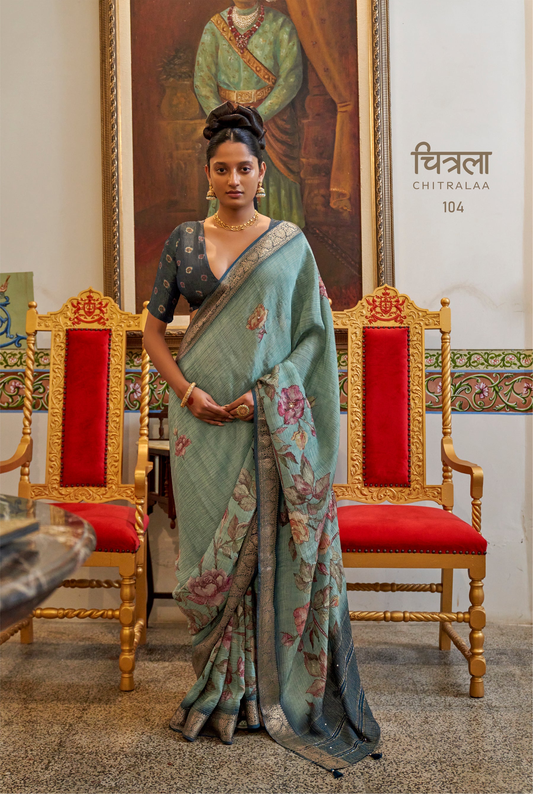 CHITRALA Seafoam Floral Heritage Saree