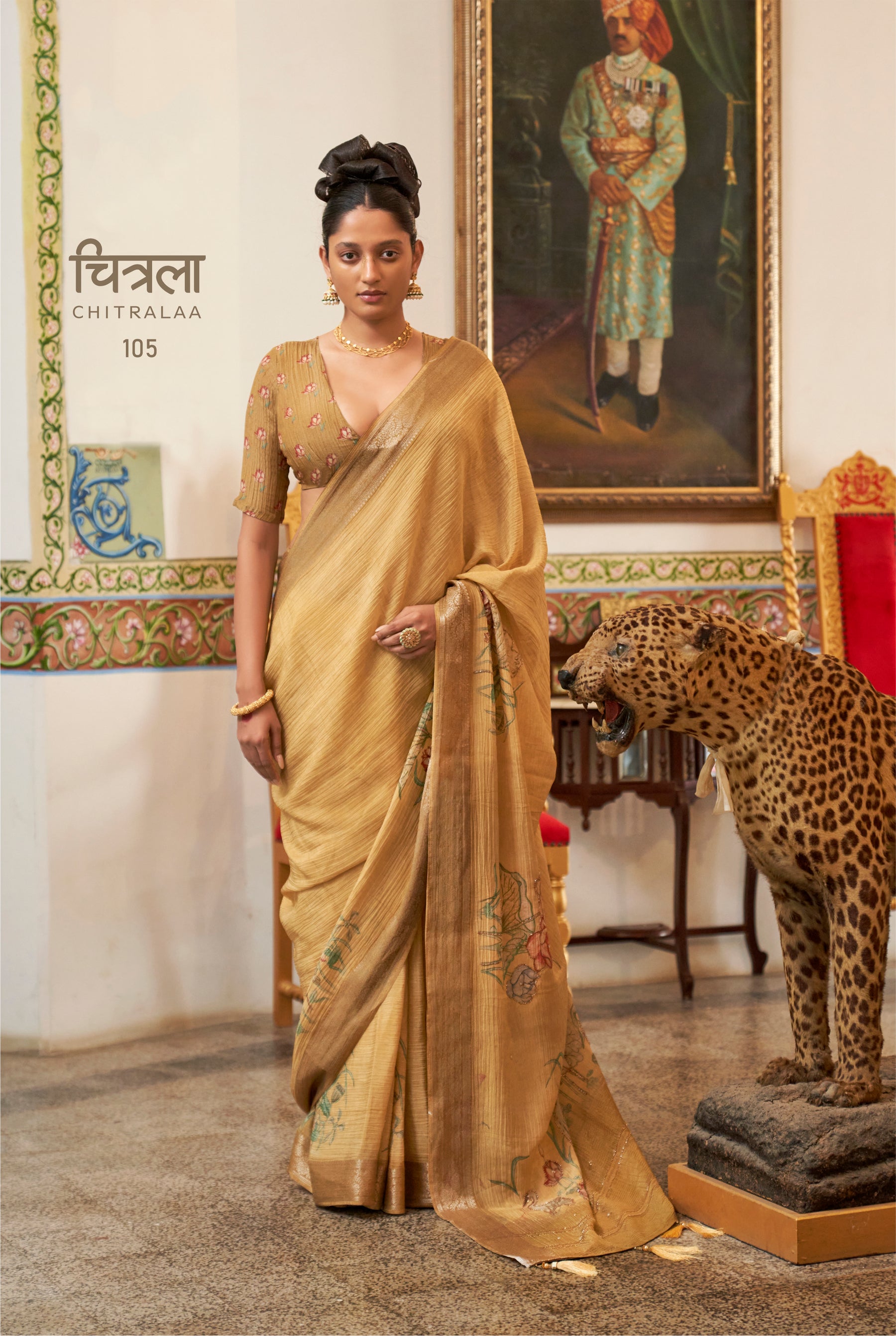 CHITRALA Golden Dune Floral Saree