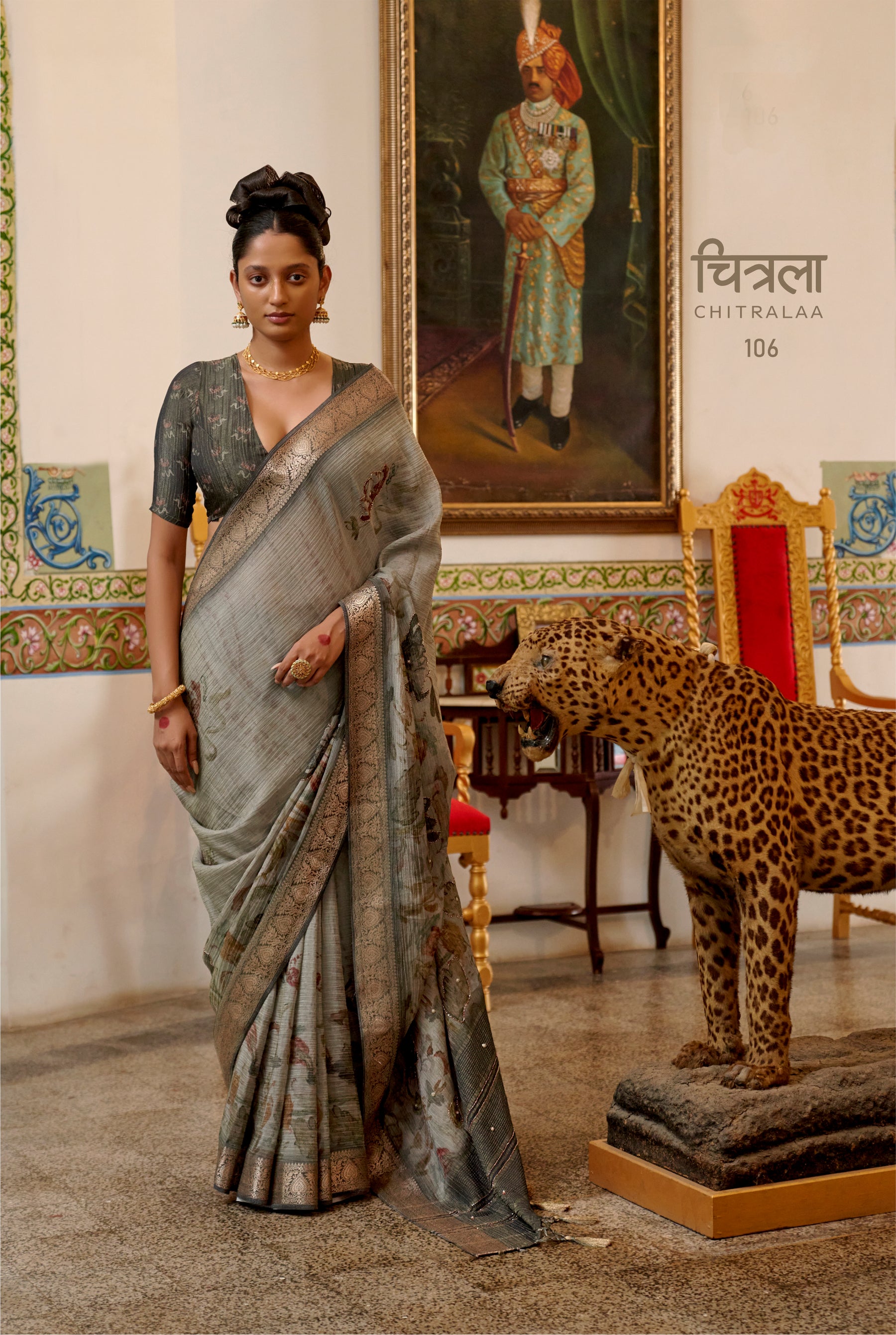 CHITRALAA-Royal Mist Grey Designer Saree with Antique Zari Border