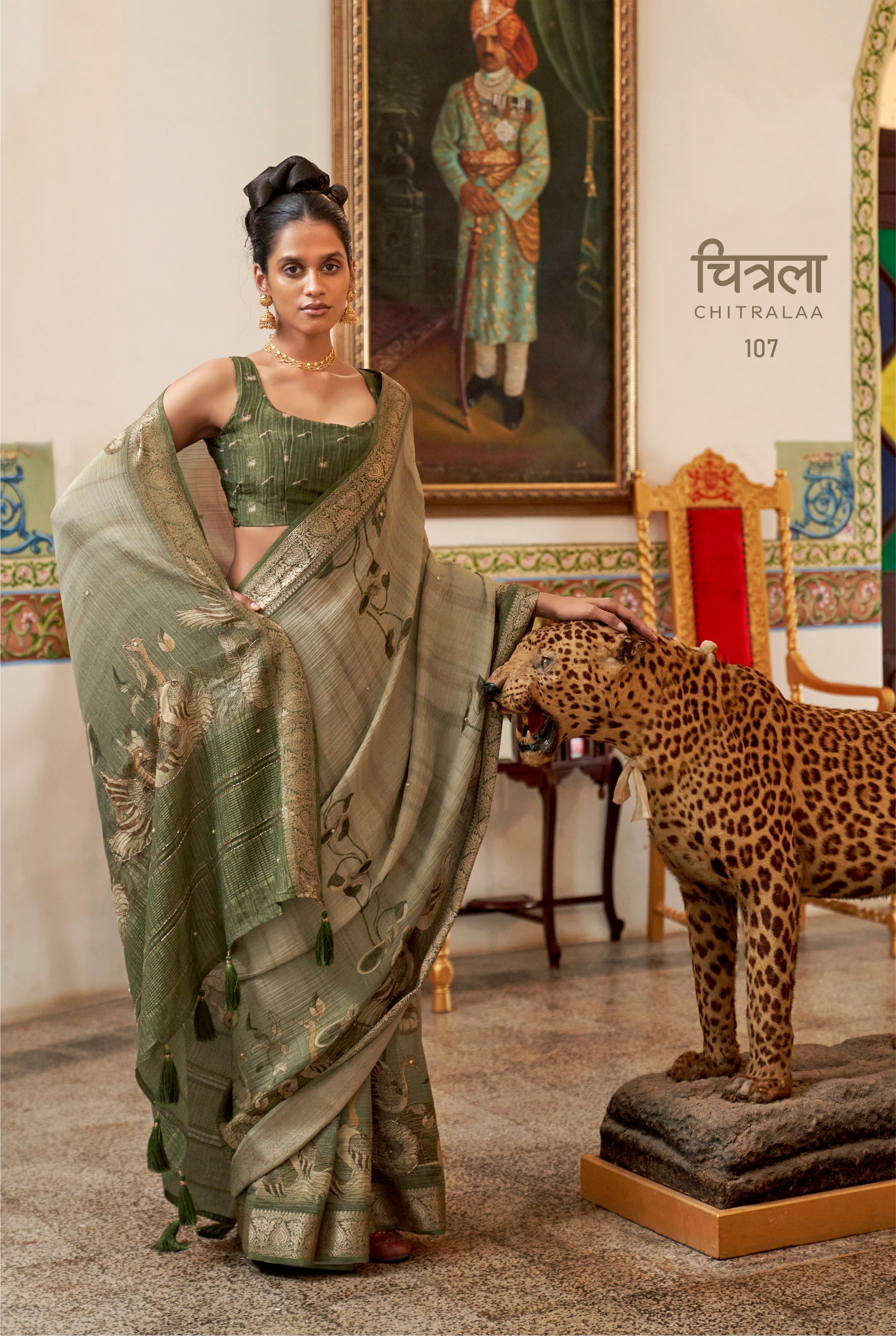 CHITRALAA-Regal Sage Green Artistic Saree with Heritage Zari Border