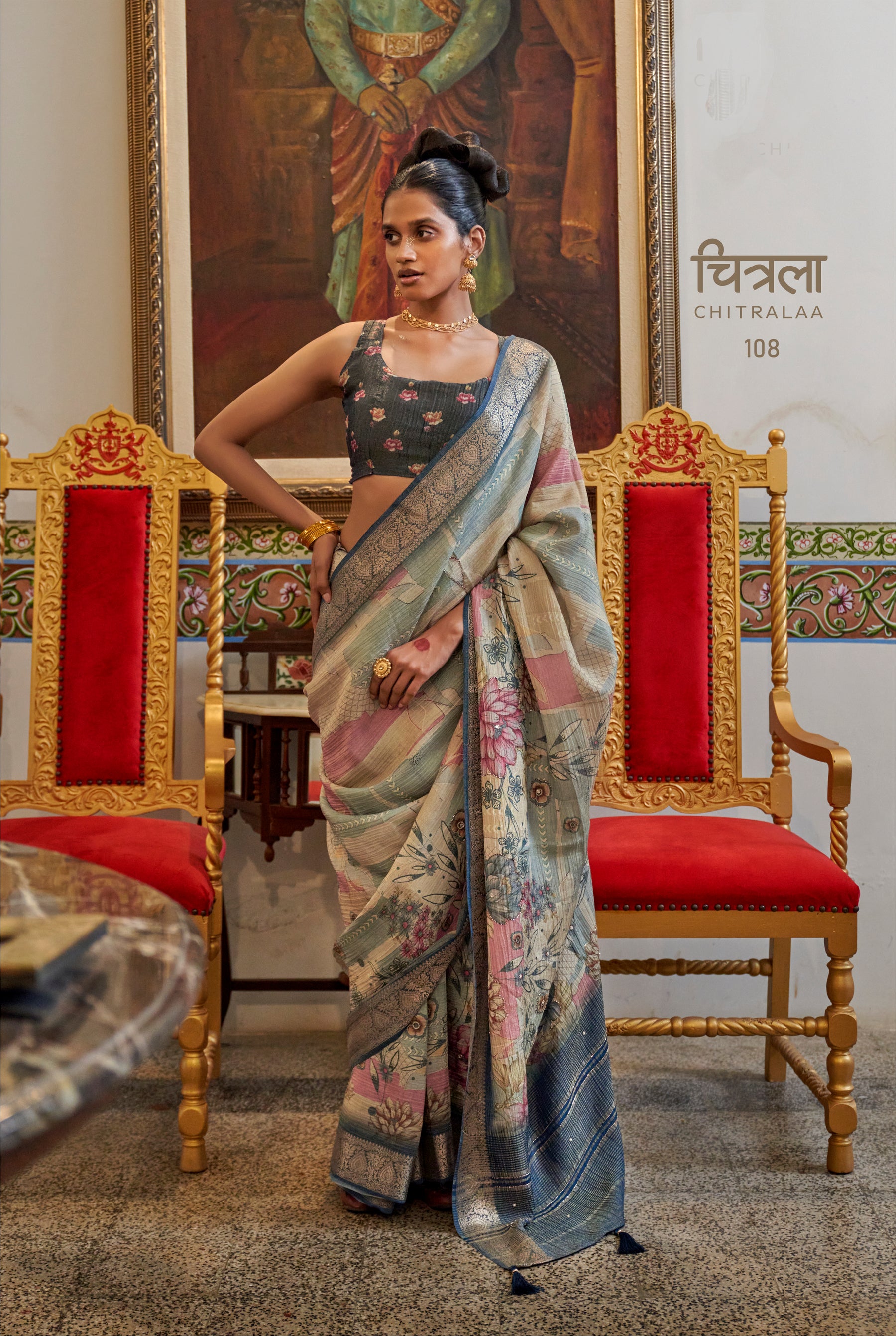 CHITRALAA-Pastel Bloom Heritage Saree with Elegant Zari Border