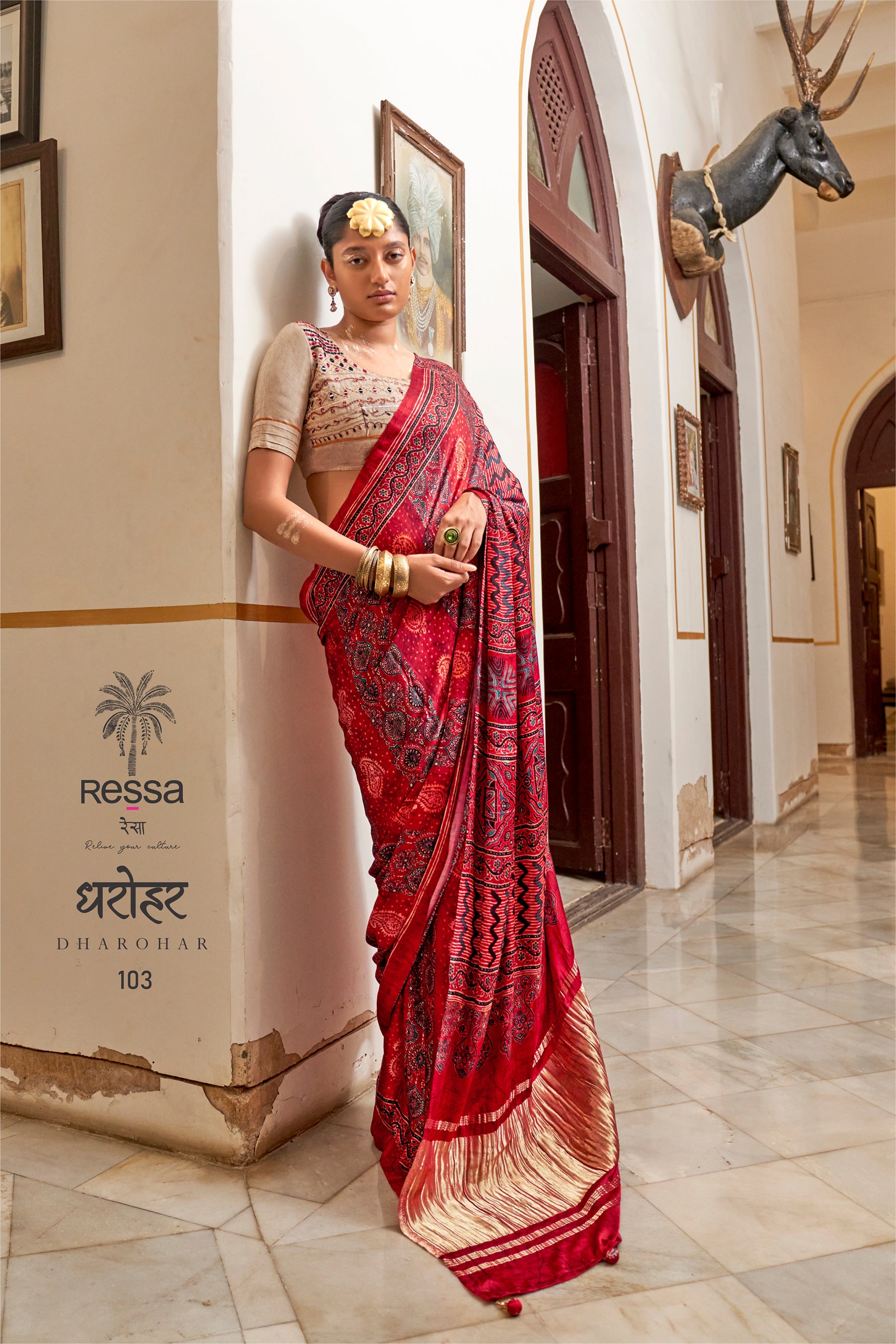 DHAROHAR-Crimson Heritage Ajrakh Printed Saree