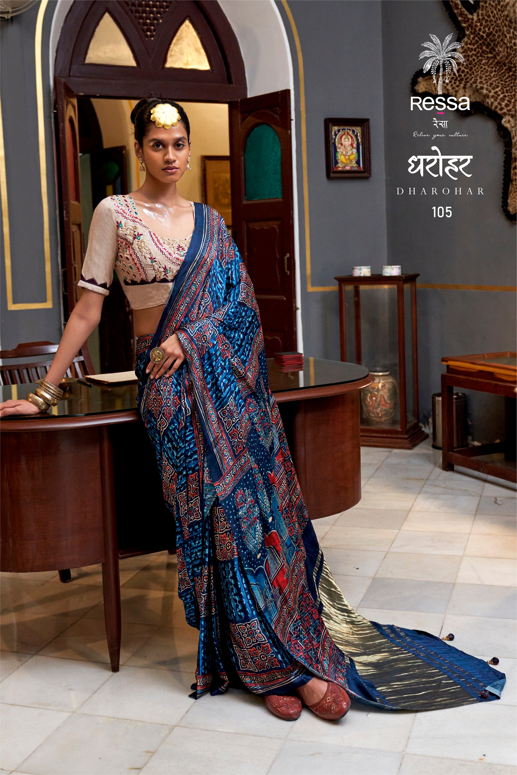 DHAROHAR-Midnight Indigo Ajrakh Printed Saree