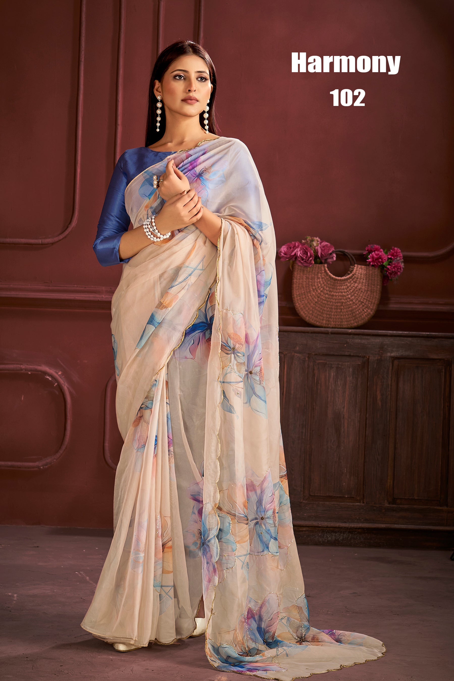 Harmony Cream Floral Organza Designer Saree