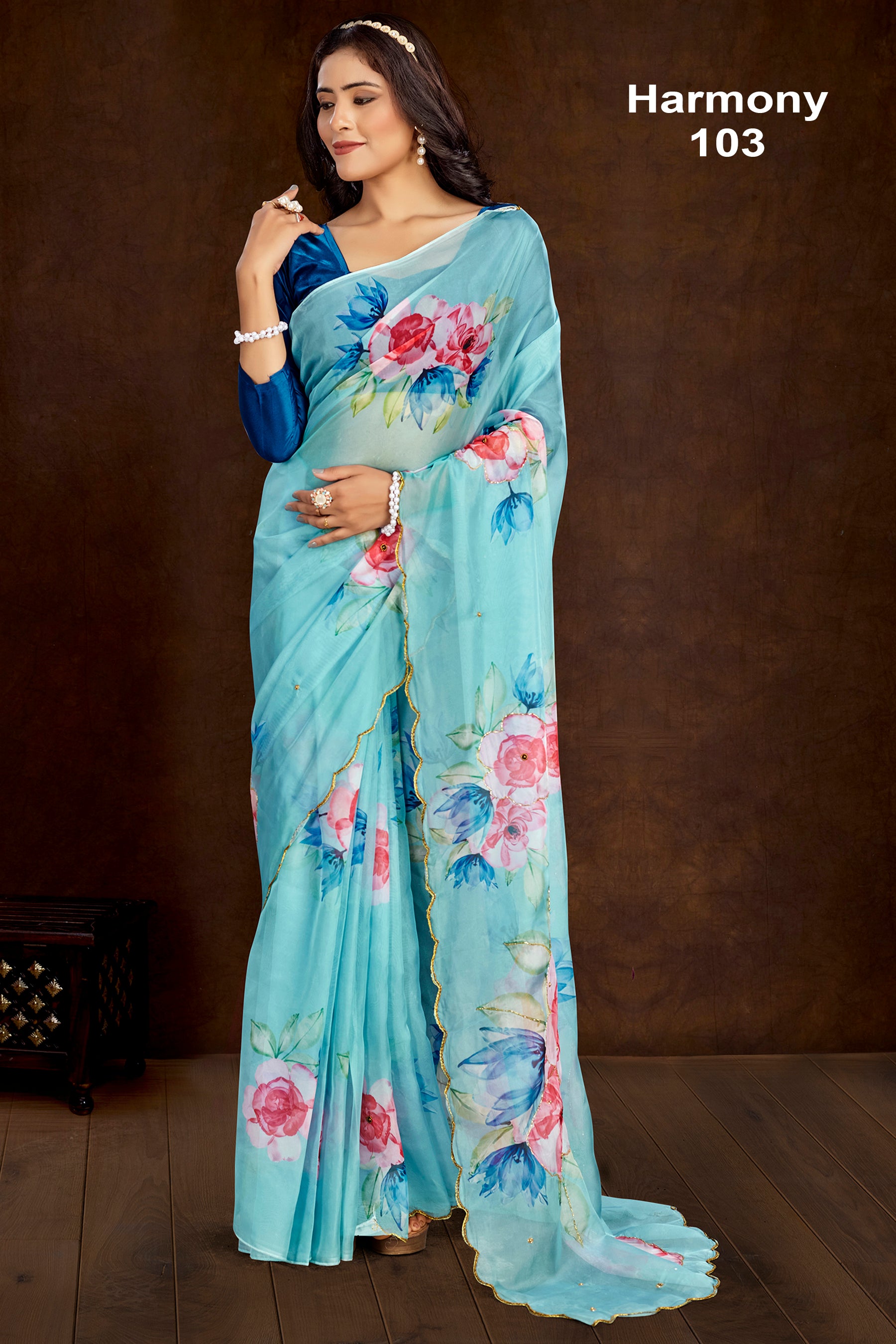 Harmony Sky Blue Floral Printed Designer Saree