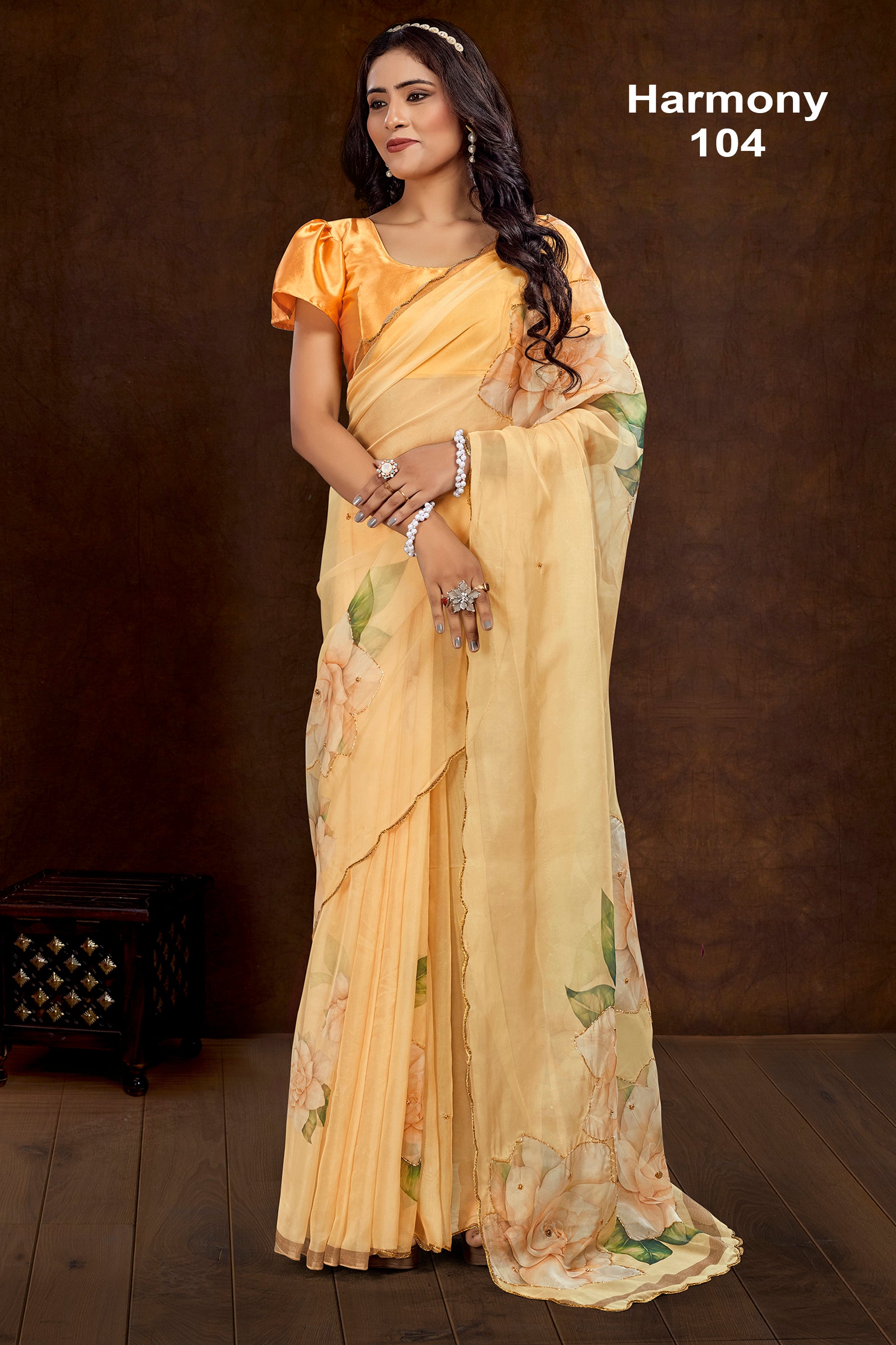 Elegant Peach Floral Organza Saree with Soft Digital Print Border